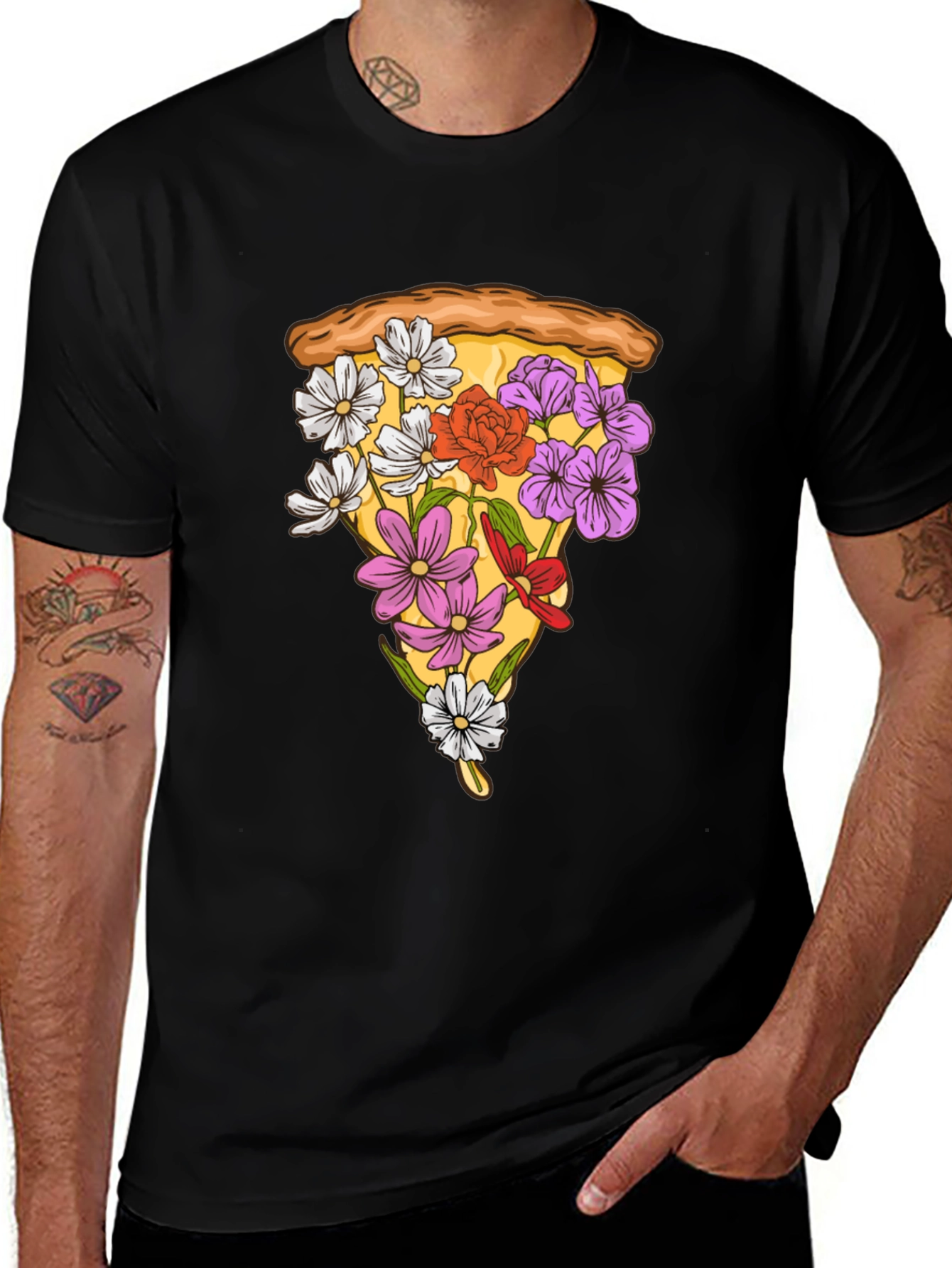 Floral Pizza Slice Graphic Tee - Black