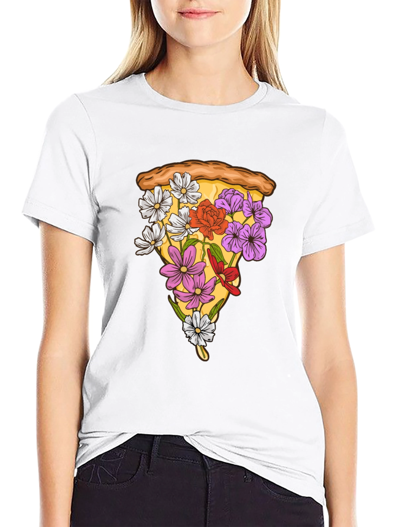 Floral Pizza Slice Graphic Tee - Black