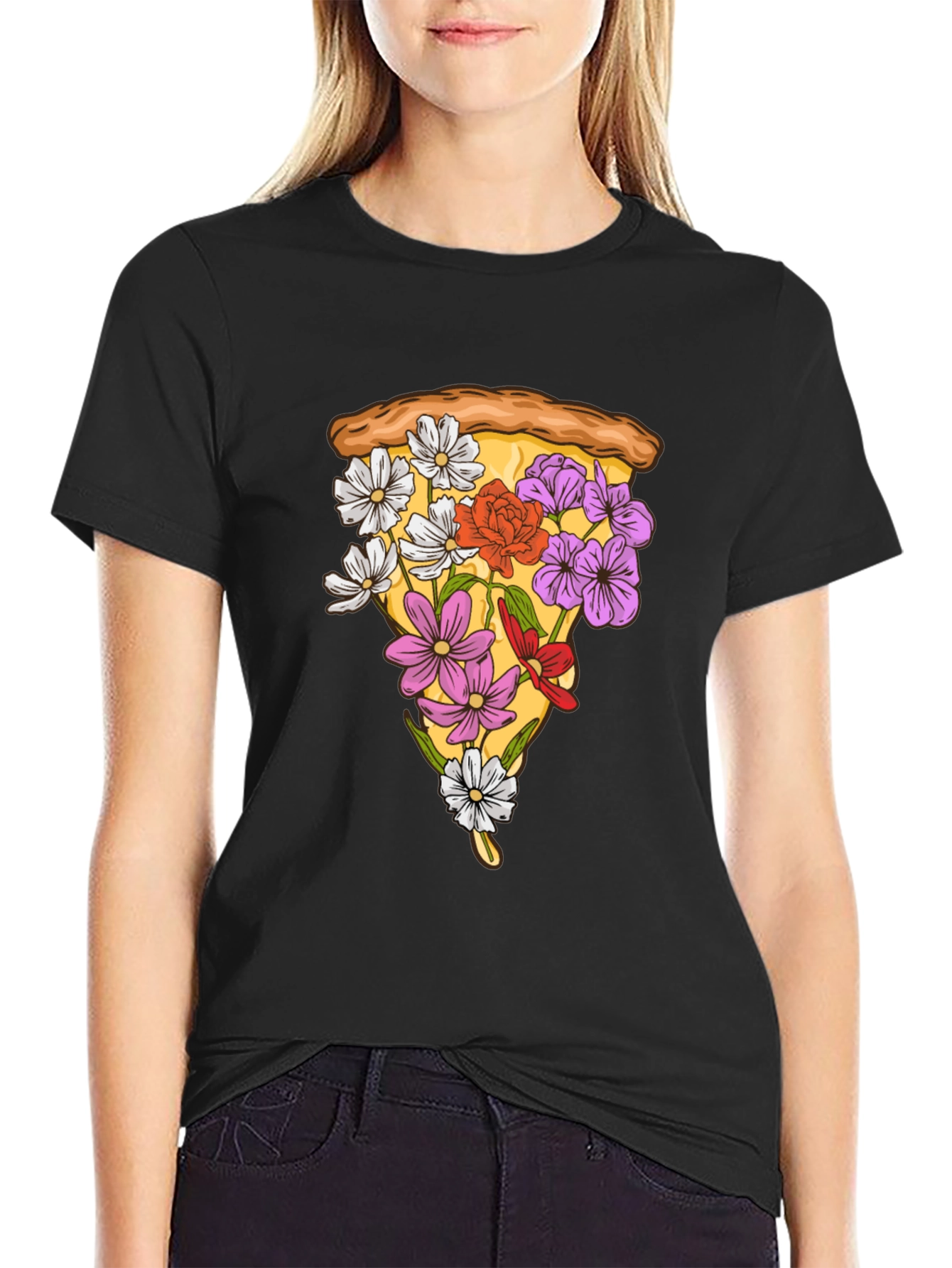 Floral Pizza Slice Graphic Tee - Black