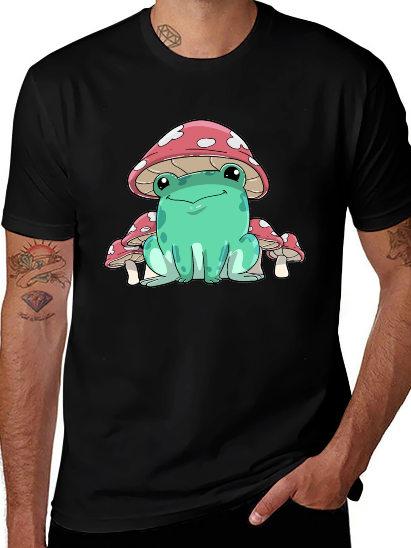 Frog Mushroom Graphic Tee - Whimsical Black T-Shirt