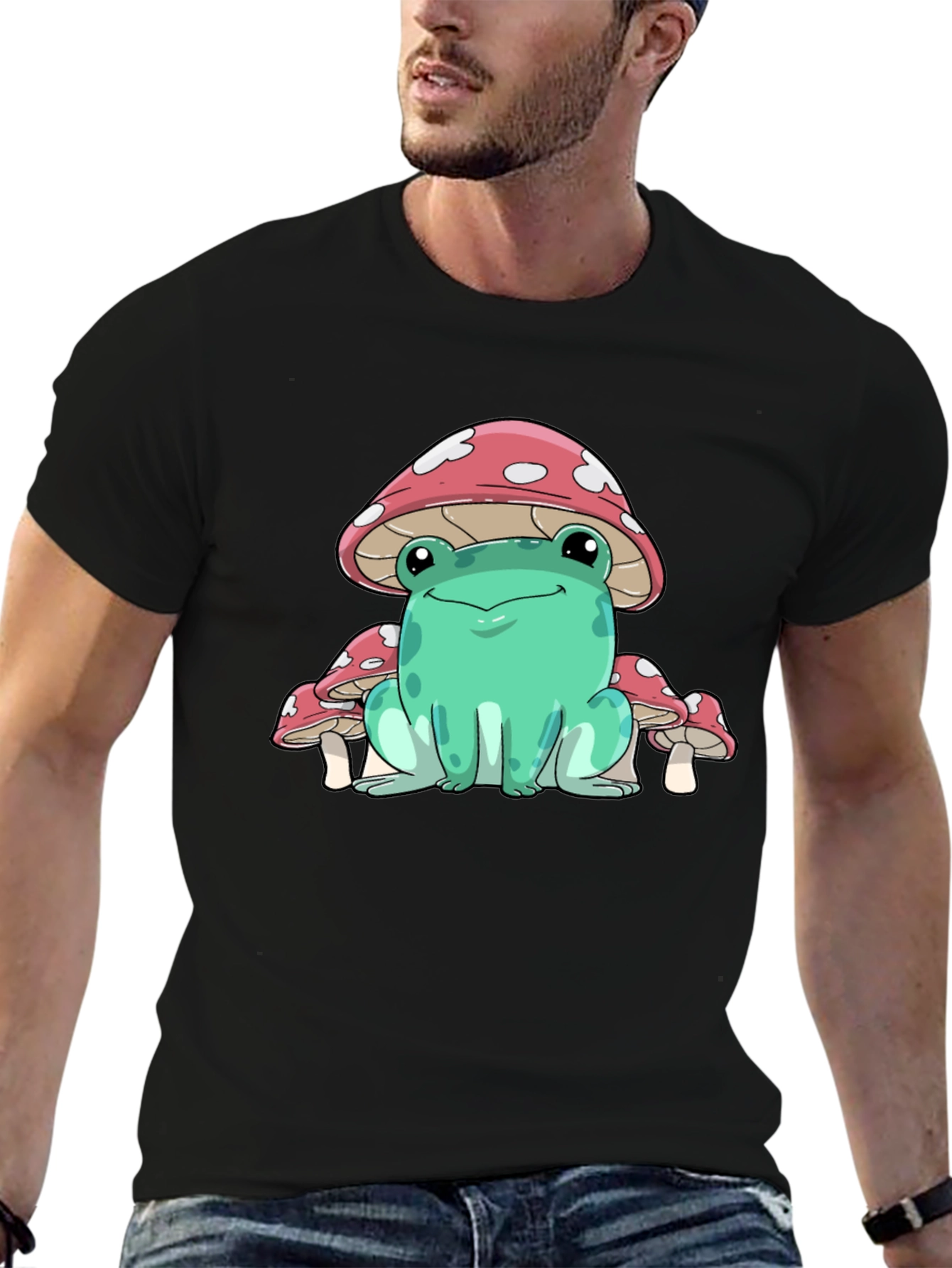 Frog Mushroom Graphic Tee - Whimsical Black T-Shirt