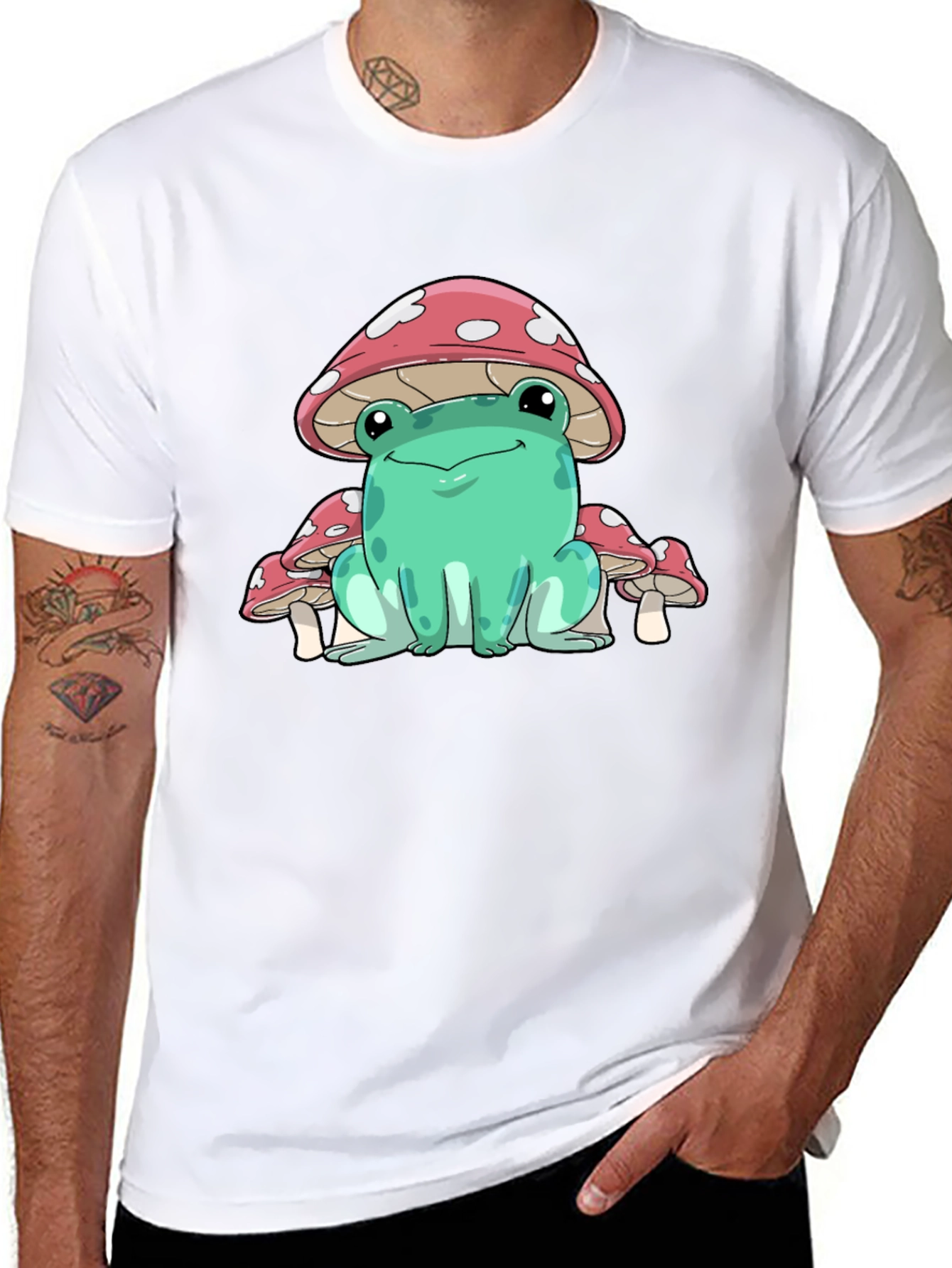 Frog Mushroom Graphic Tee - Whimsical Black T-Shirt