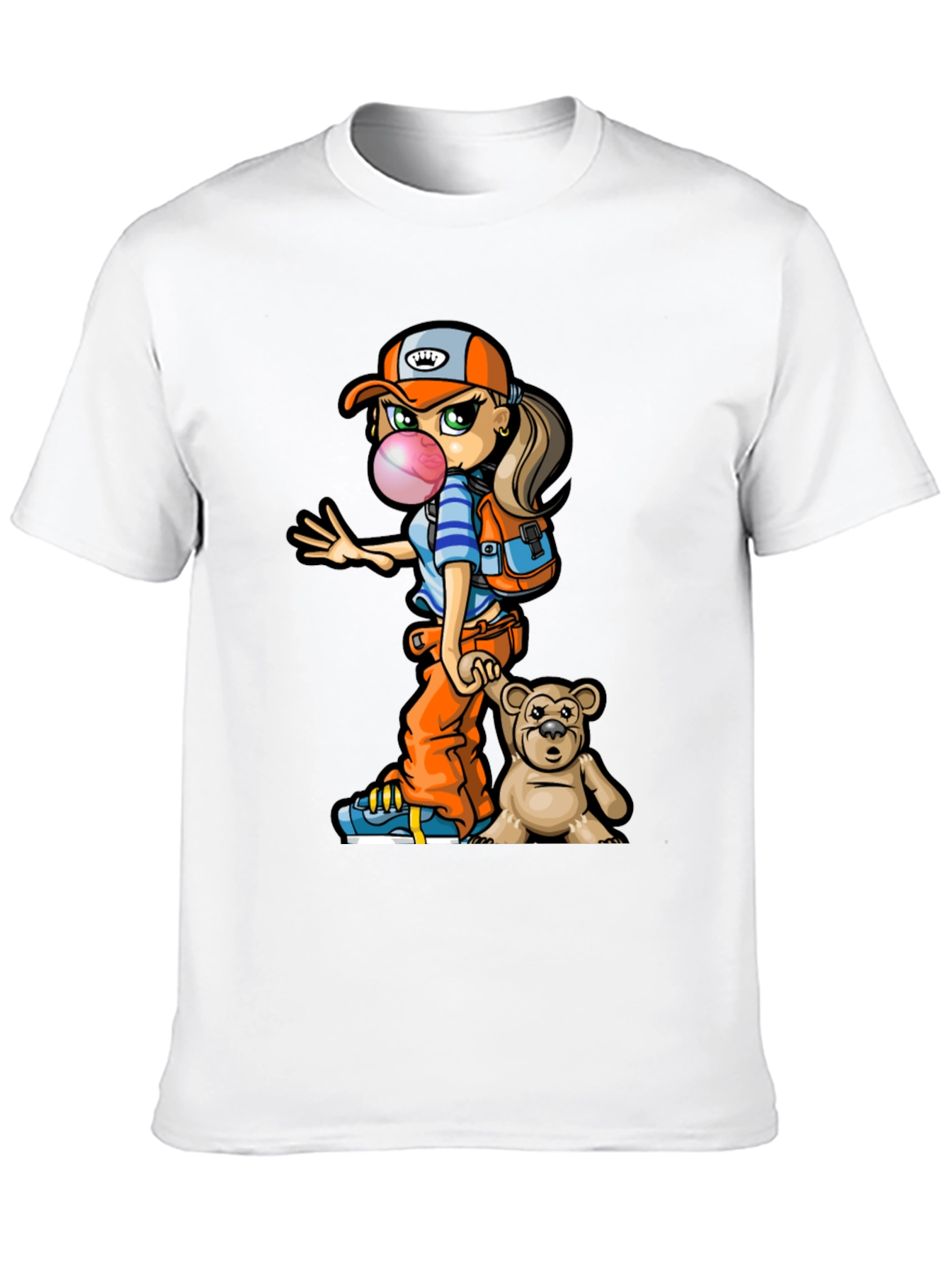 Cartoon Girl with Teddy Bear Graphic T-Shirt