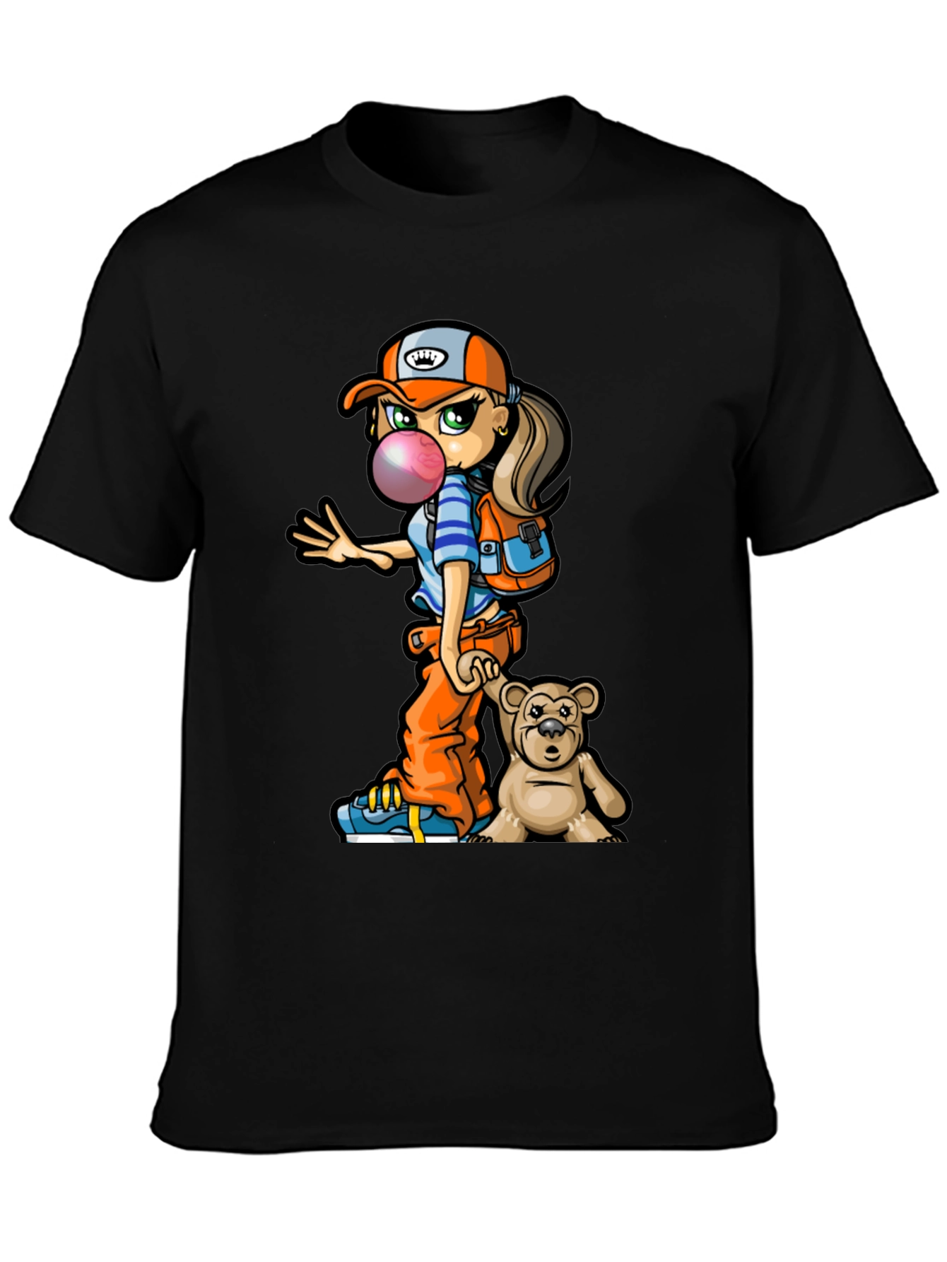 Cartoon Girl with Teddy Bear Graphic T-Shirt