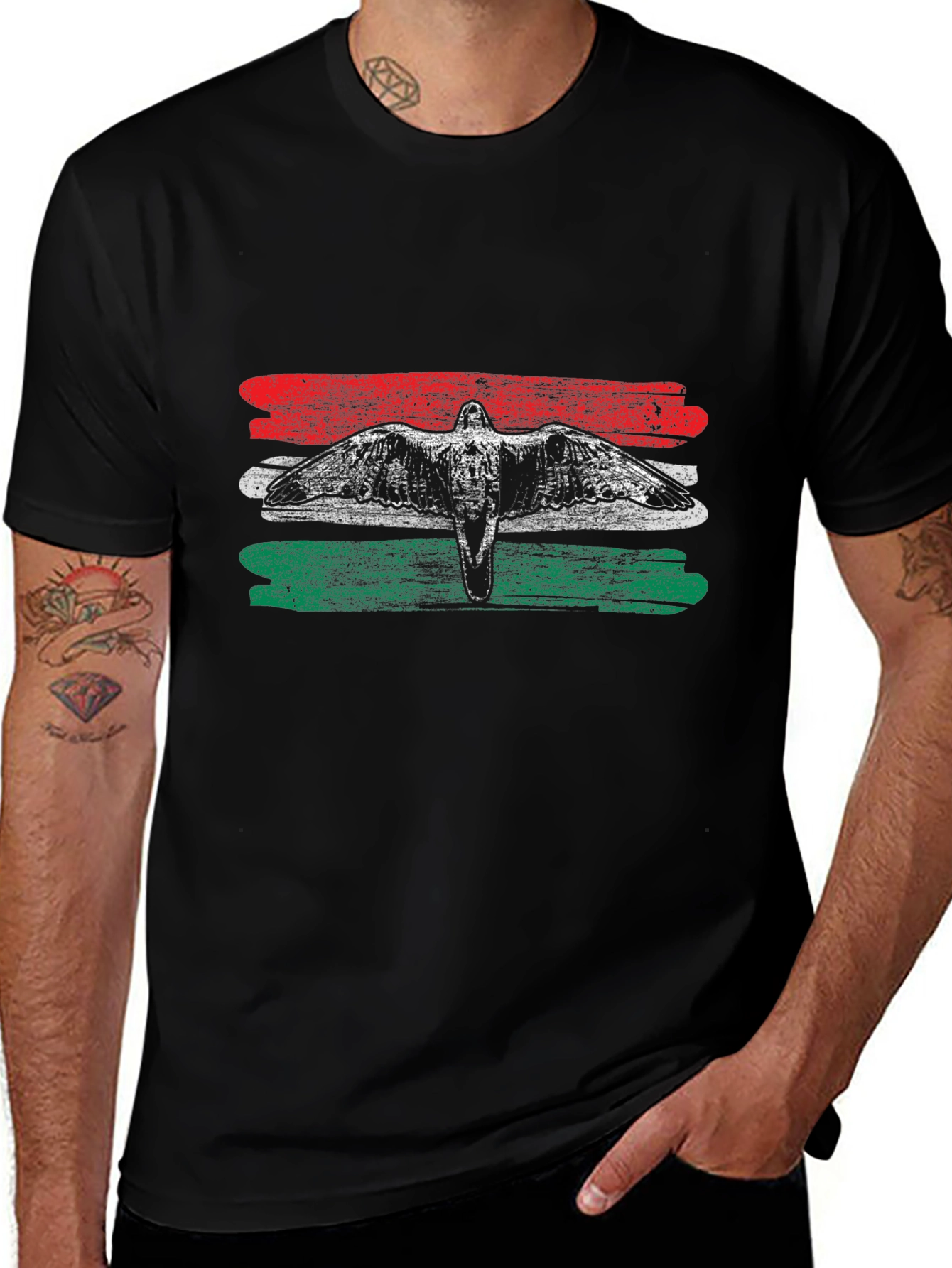 Hungary Flag Bird Graphic Tee - Black Cotton T-Shirt
