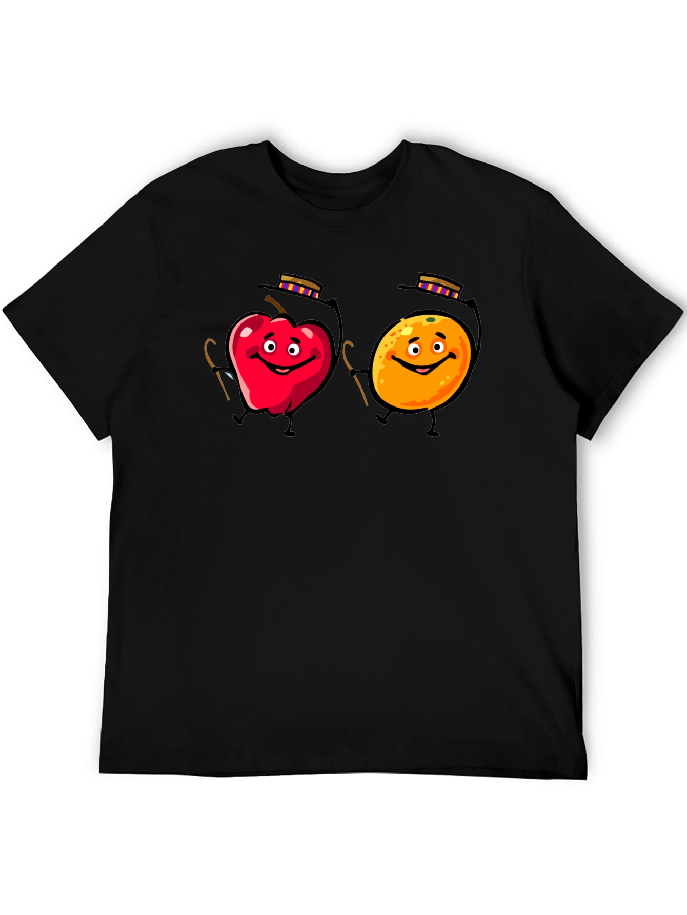 Whimsical Fruit Cartoon Black T-Shirt