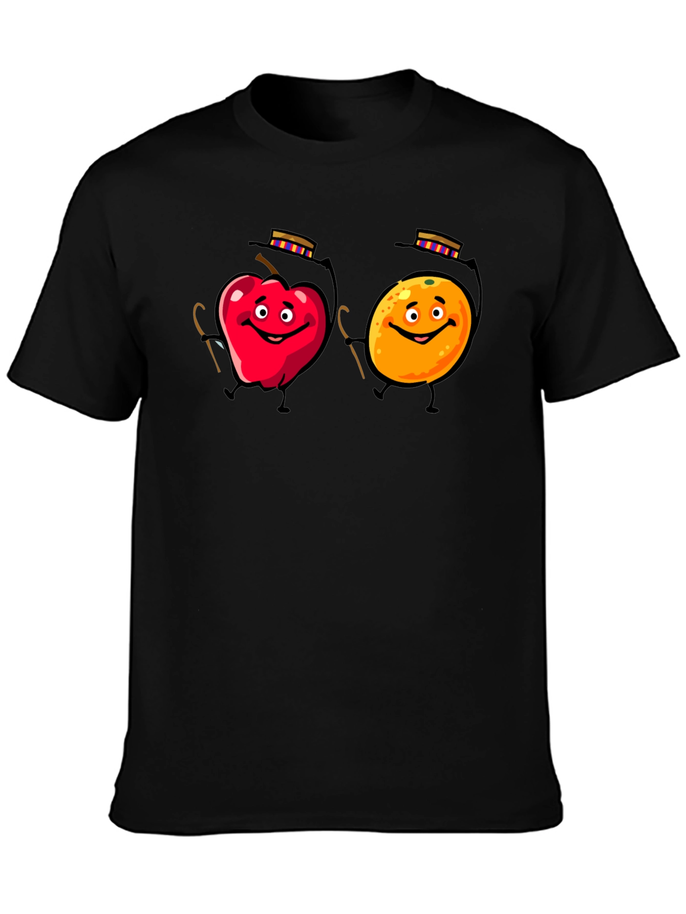 Whimsical Fruit Cartoon Black T-Shirt
