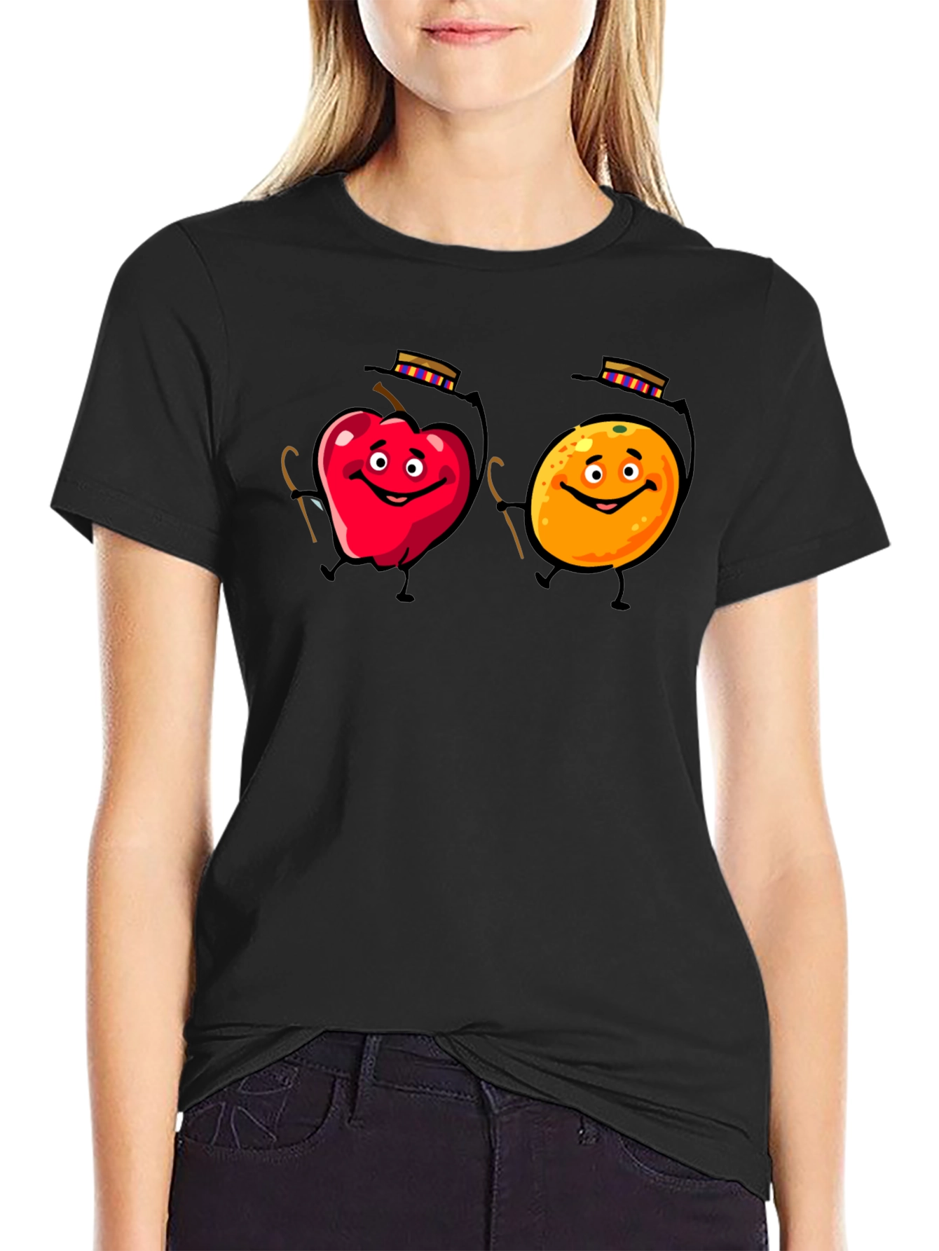 Whimsical Fruit Cartoon Black T-Shirt