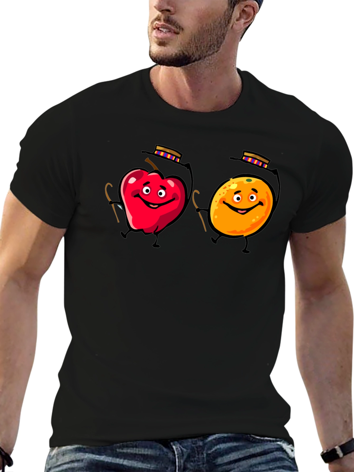 Whimsical Fruit Cartoon Black T-Shirt