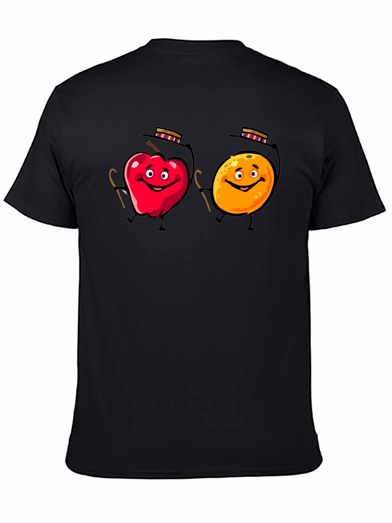 Whimsical Fruit Cartoon Black T-Shirt