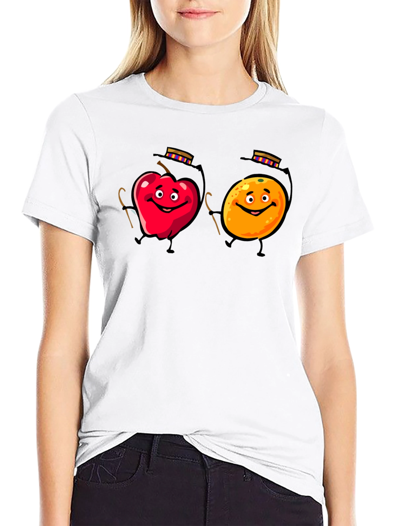Whimsical Fruit Cartoon Black T-Shirt