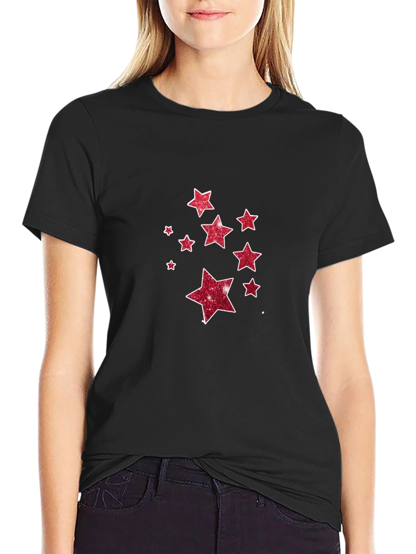 Stylish Black Tee with Glitter Star Design