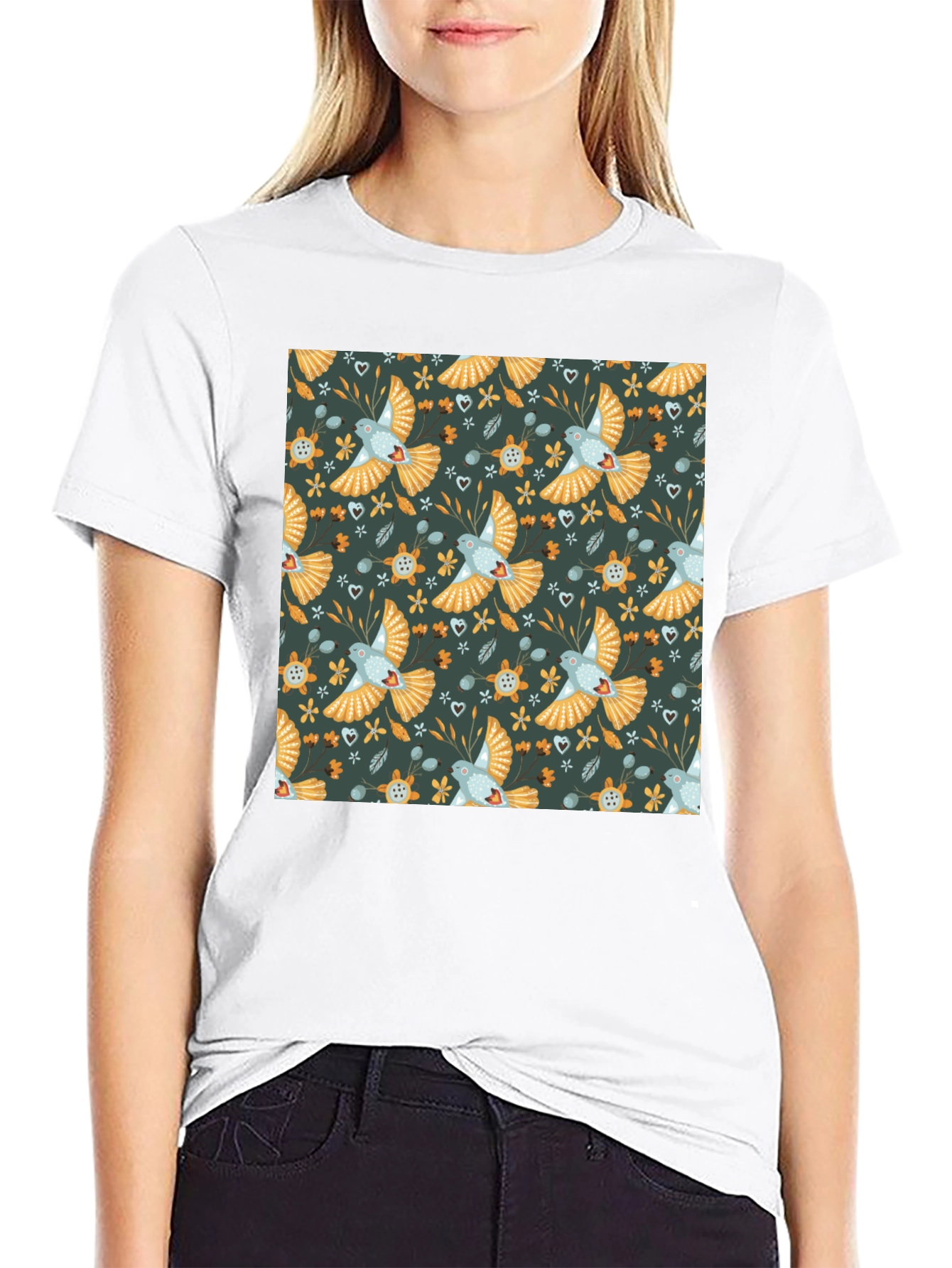 Patterned Bird Graphic Tee - Black Crew Neck