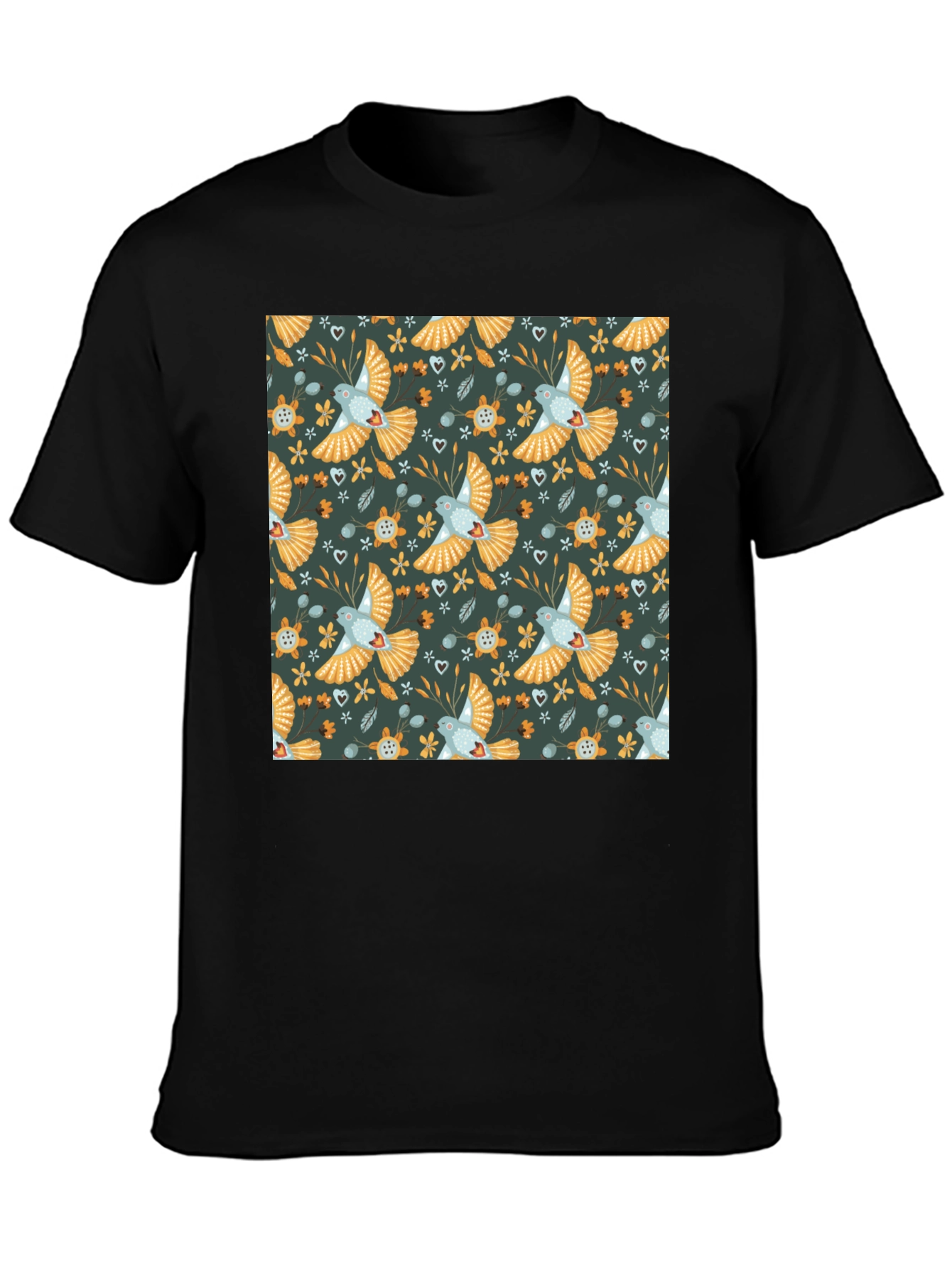 Patterned Bird Graphic Tee - Black Crew Neck