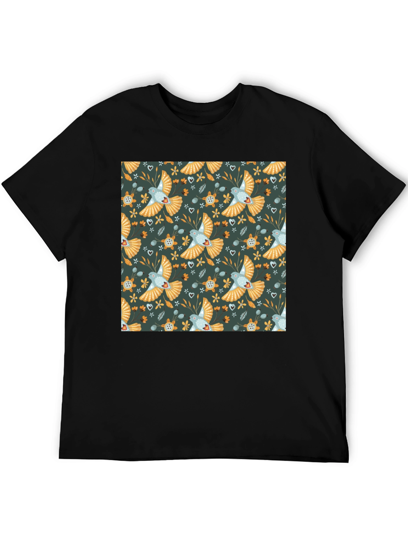 Patterned Bird Graphic Tee - Black Crew Neck