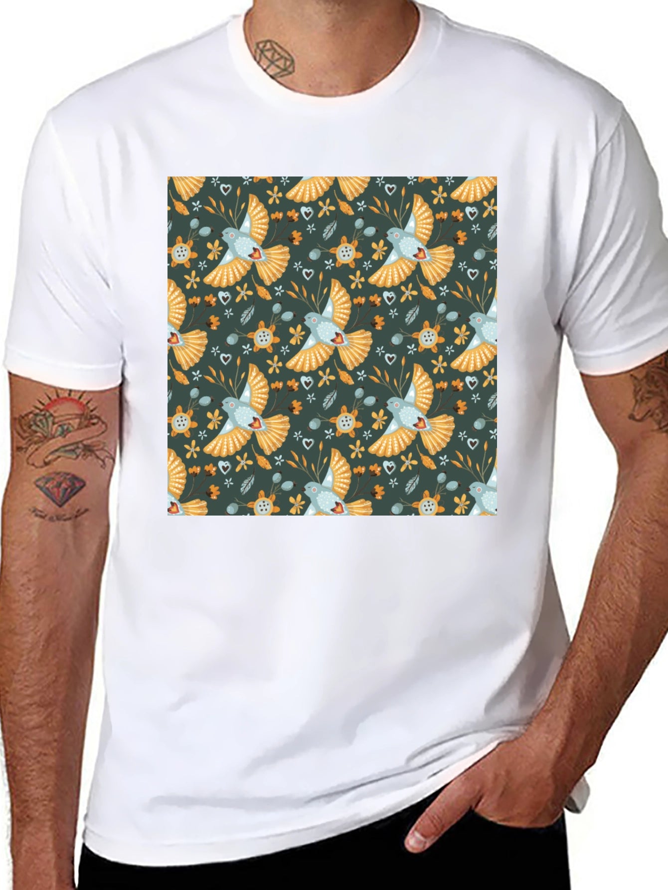Patterned Bird Graphic Tee - Black Crew Neck