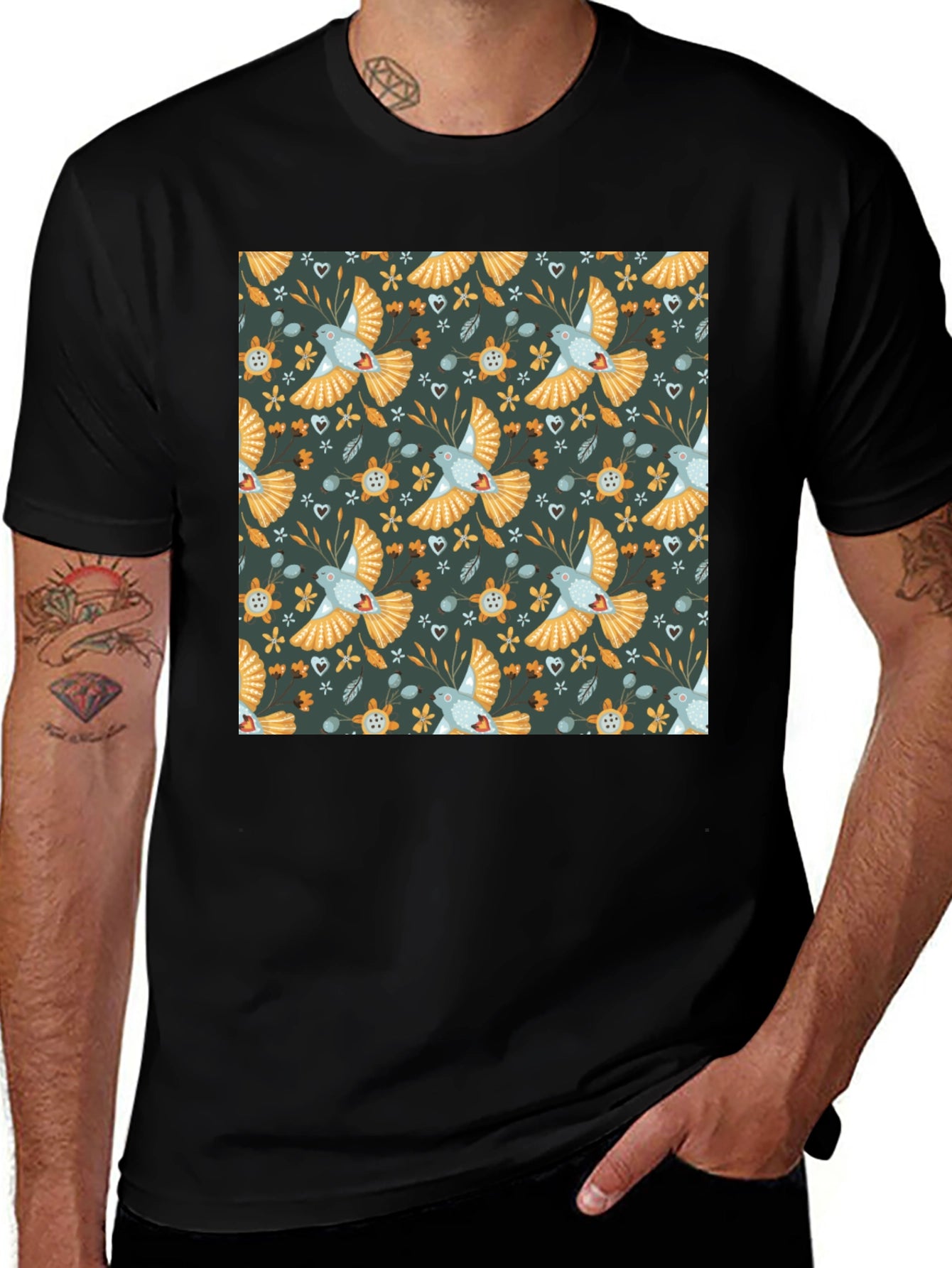Patterned Bird Graphic Tee - Black Crew Neck