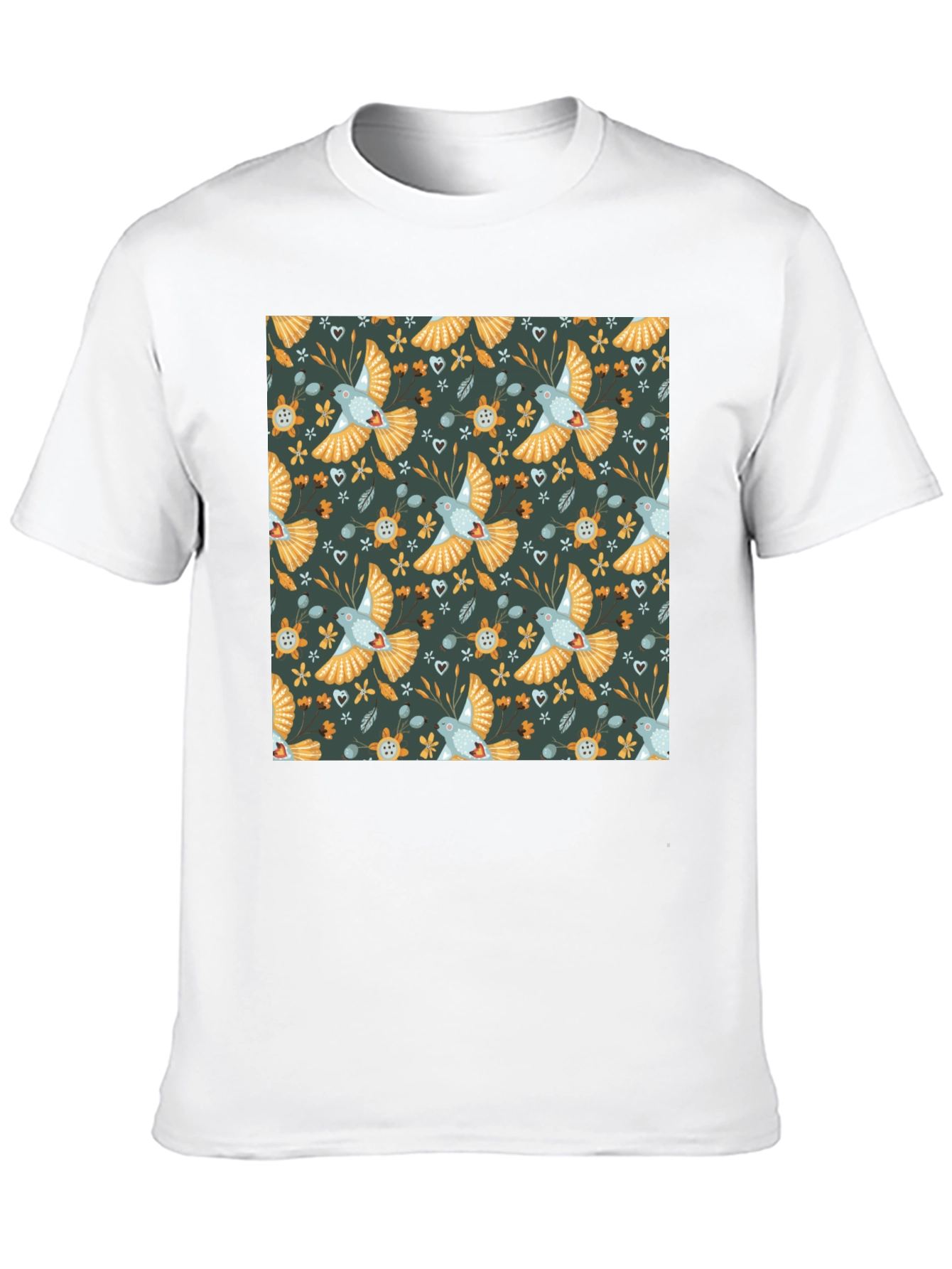 Patterned Bird Graphic Tee - Black Crew Neck