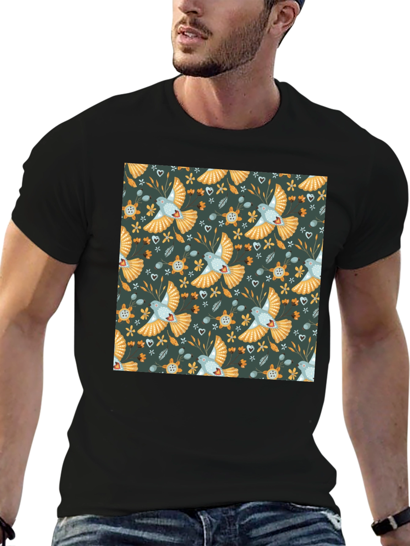 Patterned Bird Graphic Tee - Black Crew Neck