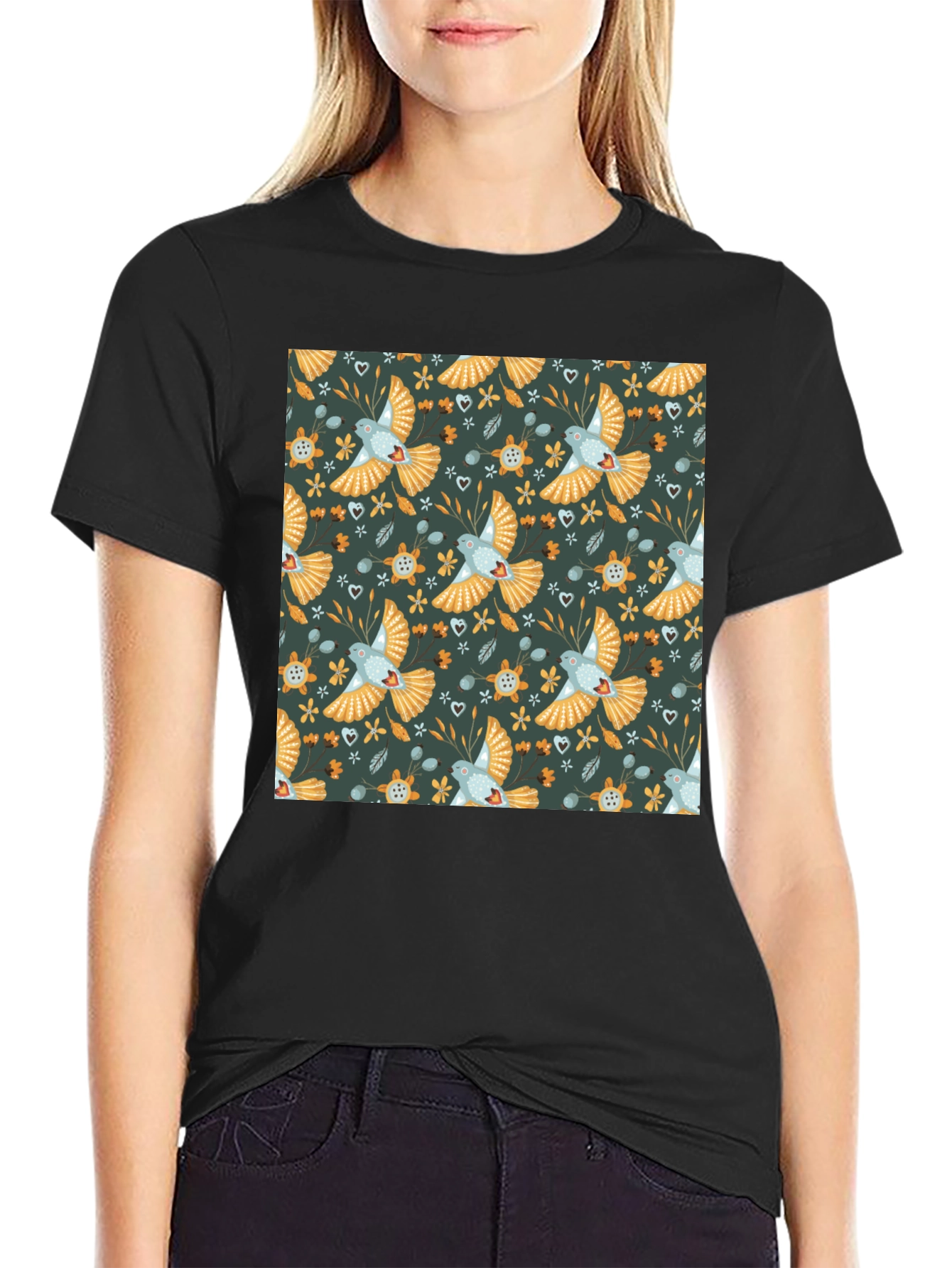 Patterned Bird Graphic Tee - Black Crew Neck