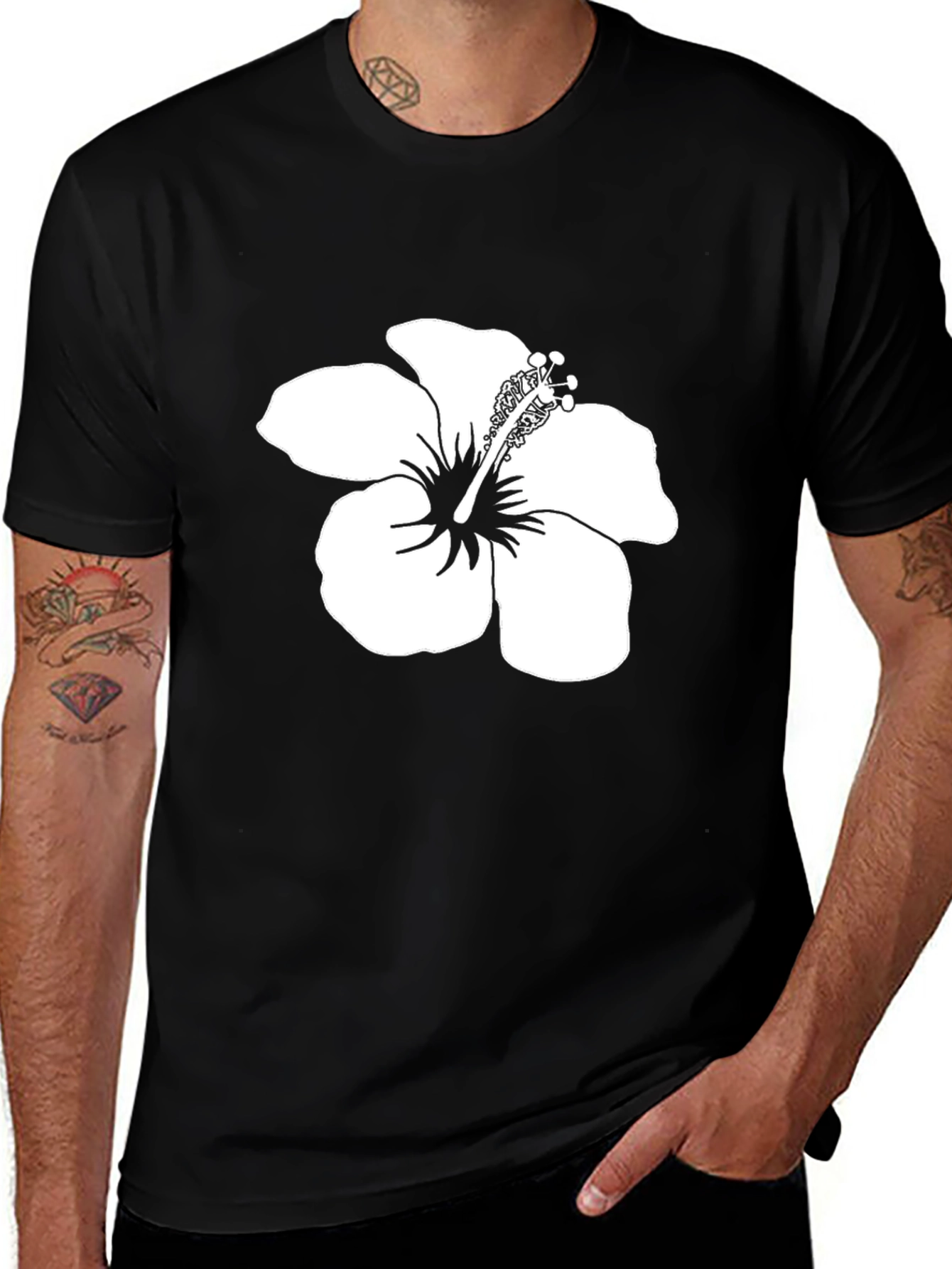 Black T-Shirt with White Hibiscus Flower Print