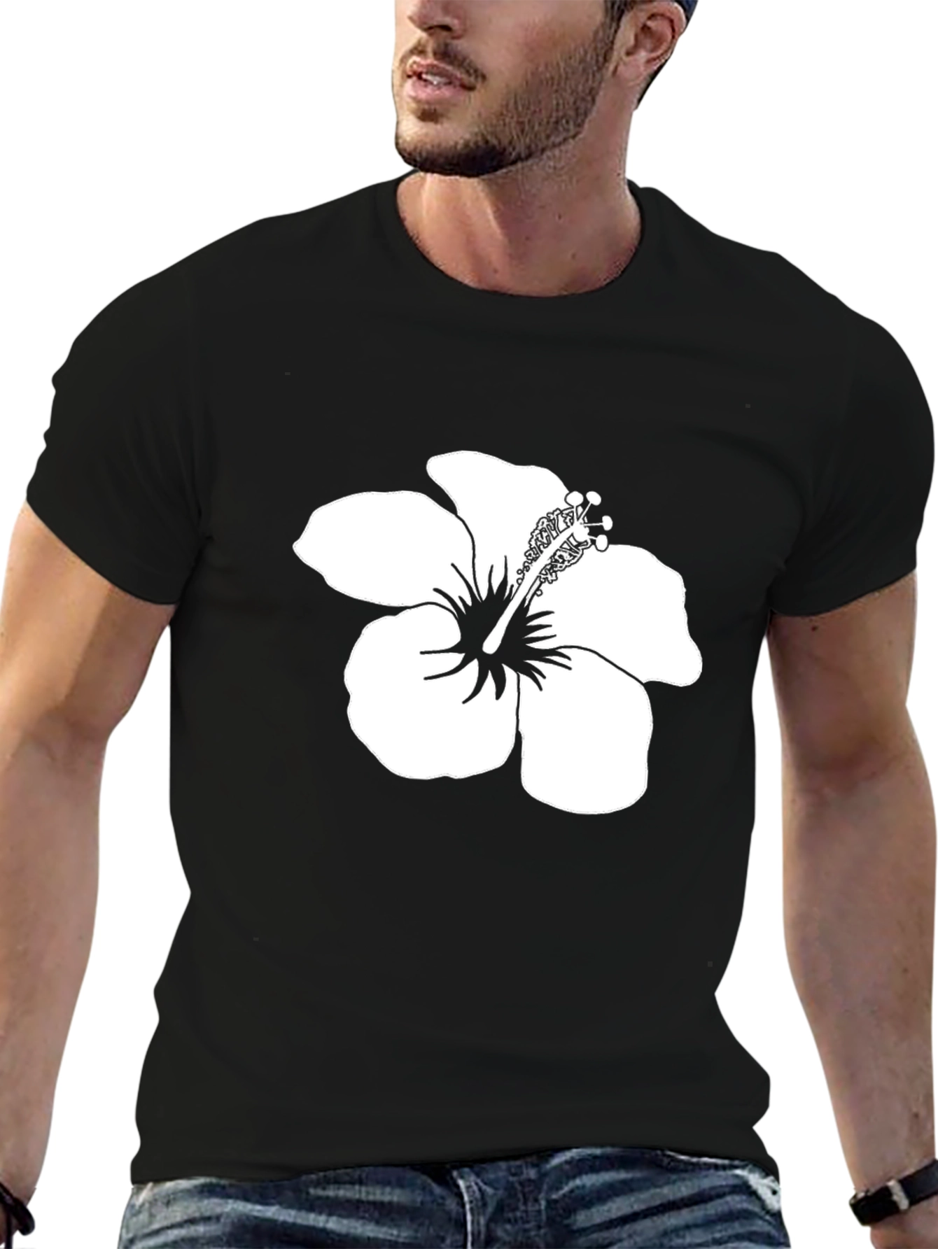Black T-Shirt with White Hibiscus Flower Print