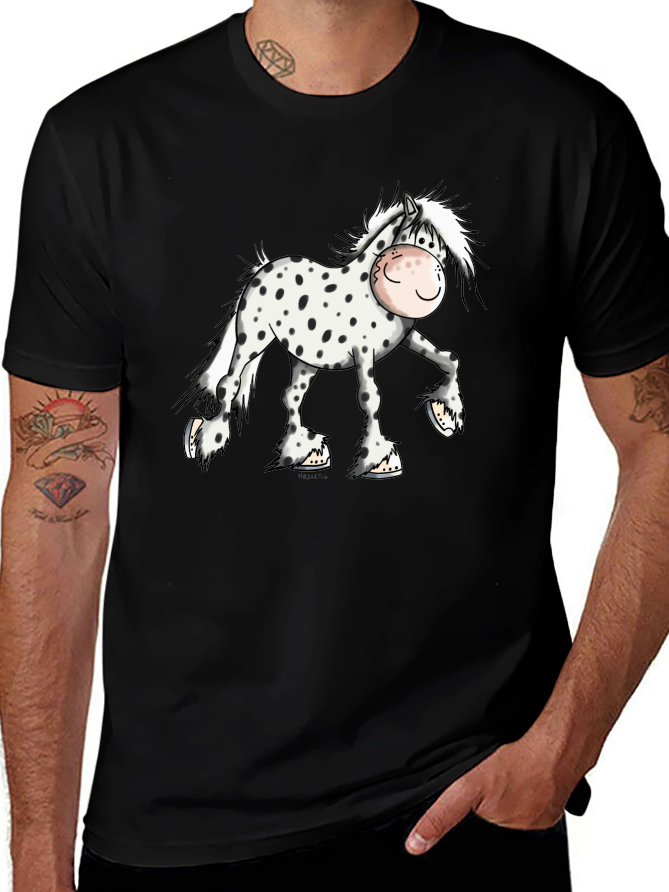 Cartoon Horse Graphic Tee - Black Cotton T-Shirt