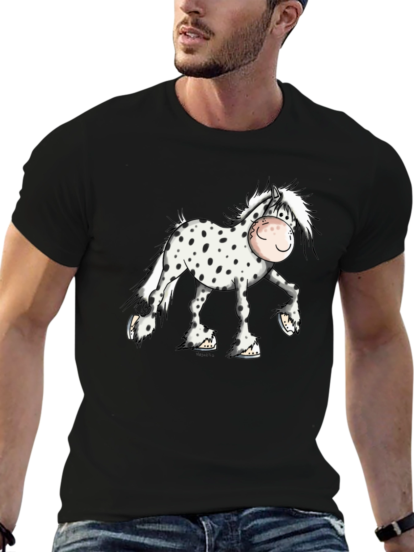 Cartoon Horse Graphic Tee - Black Cotton T-Shirt