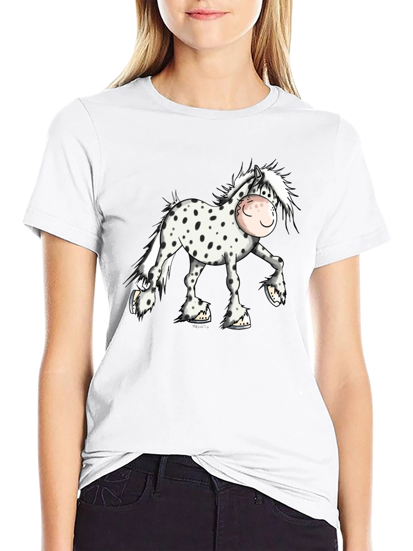 Cartoon Horse Graphic Tee - Black Cotton T-Shirt