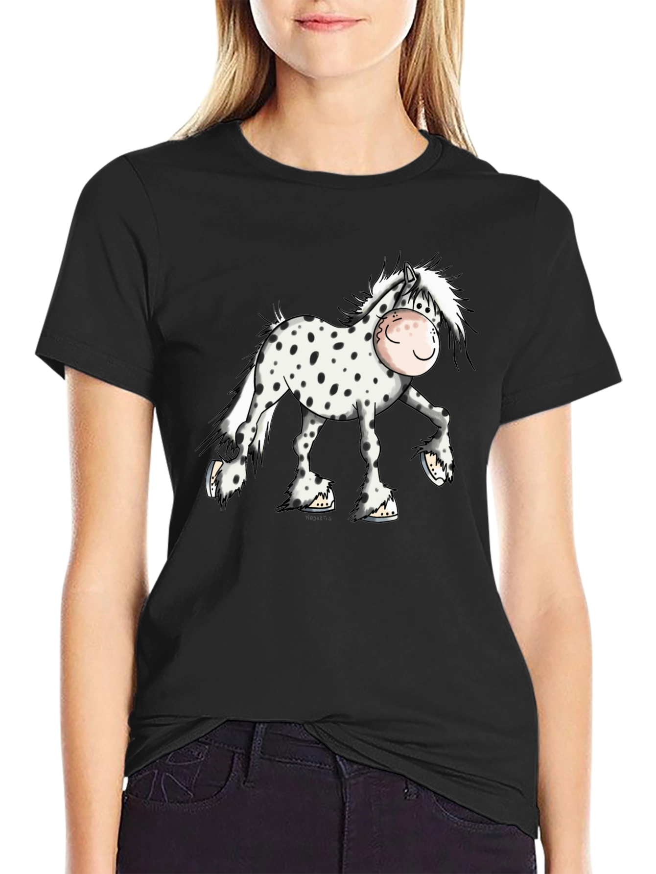 Cartoon Horse Graphic Tee - Black Cotton T-Shirt