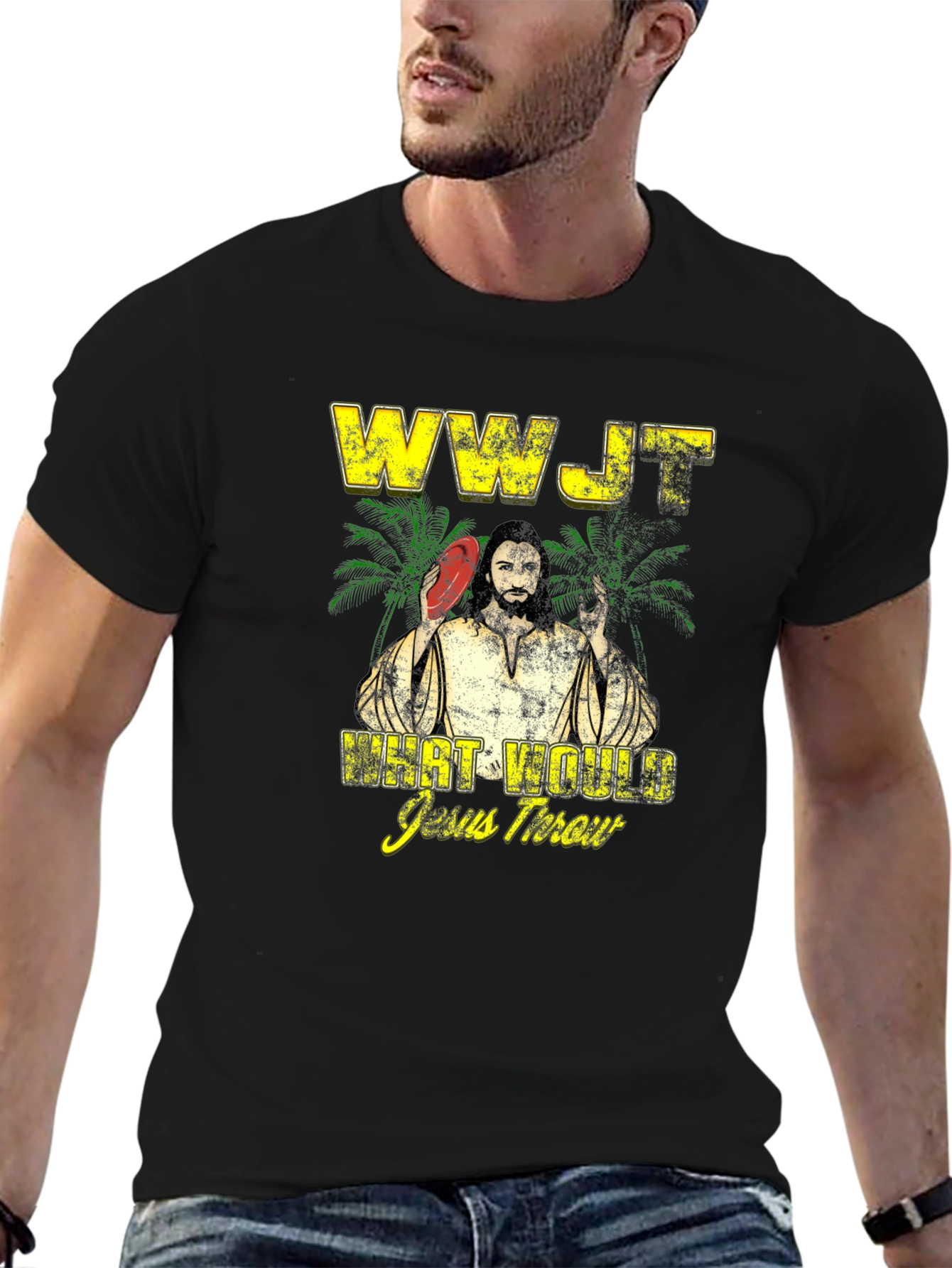 WWJT What Would Jesus Throw Black Graphic T-Shirt