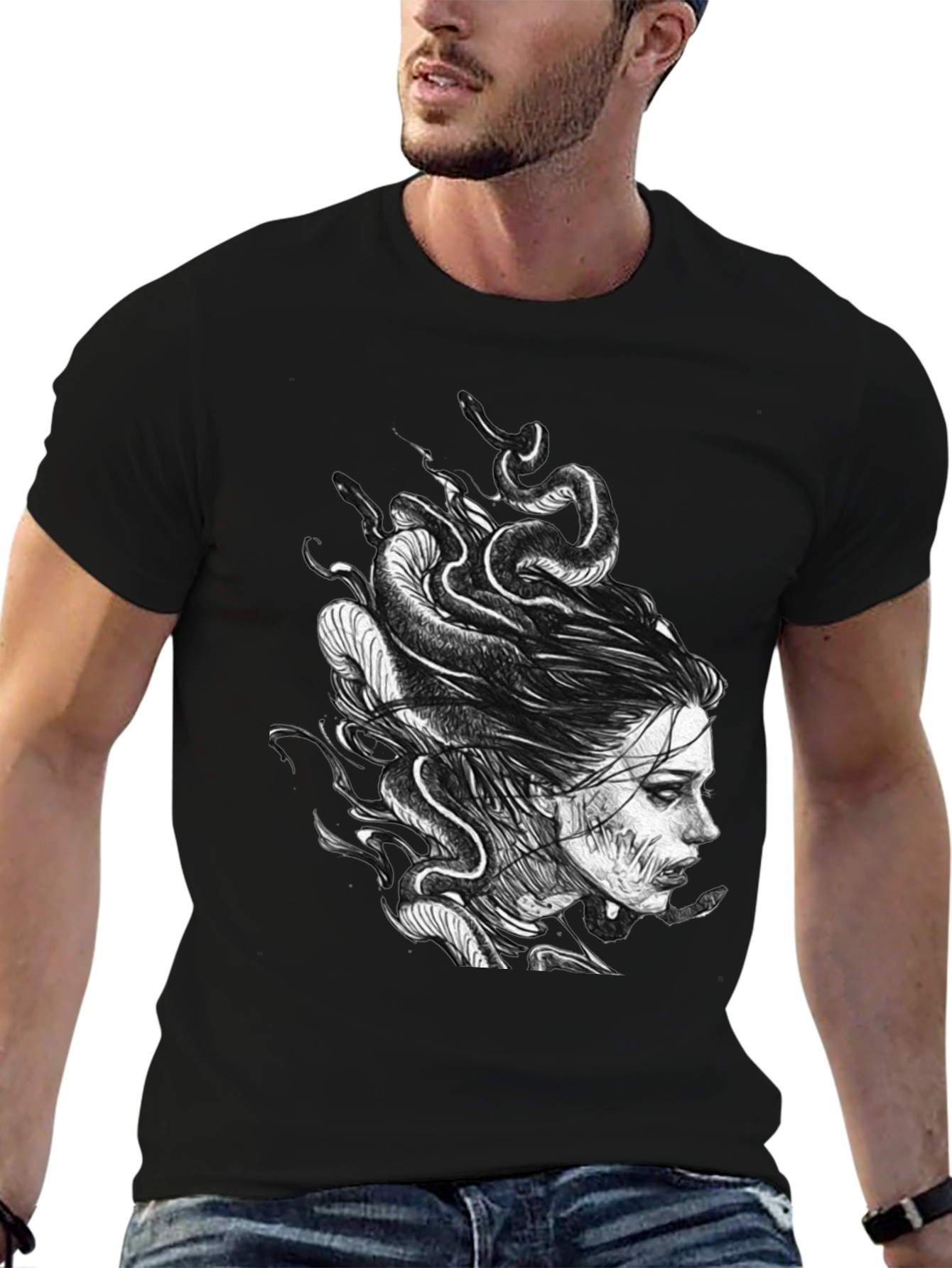 Medusa Graphic Print T-Shirt - Black