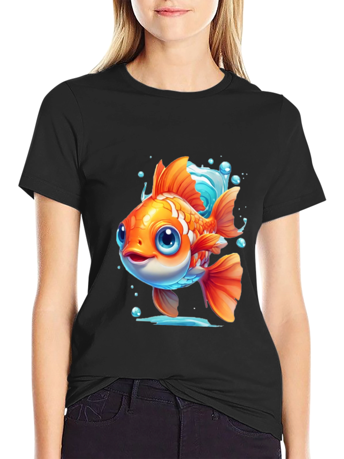 Cartoon Goldfish Graphic Tee - Black