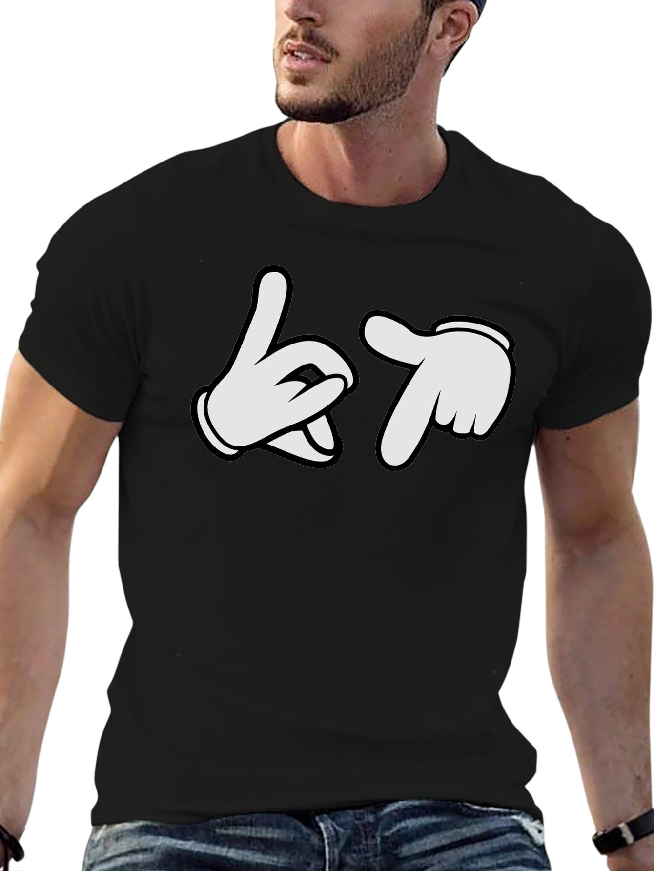 Cartoon Hands Crew Neck Black T-Shirt