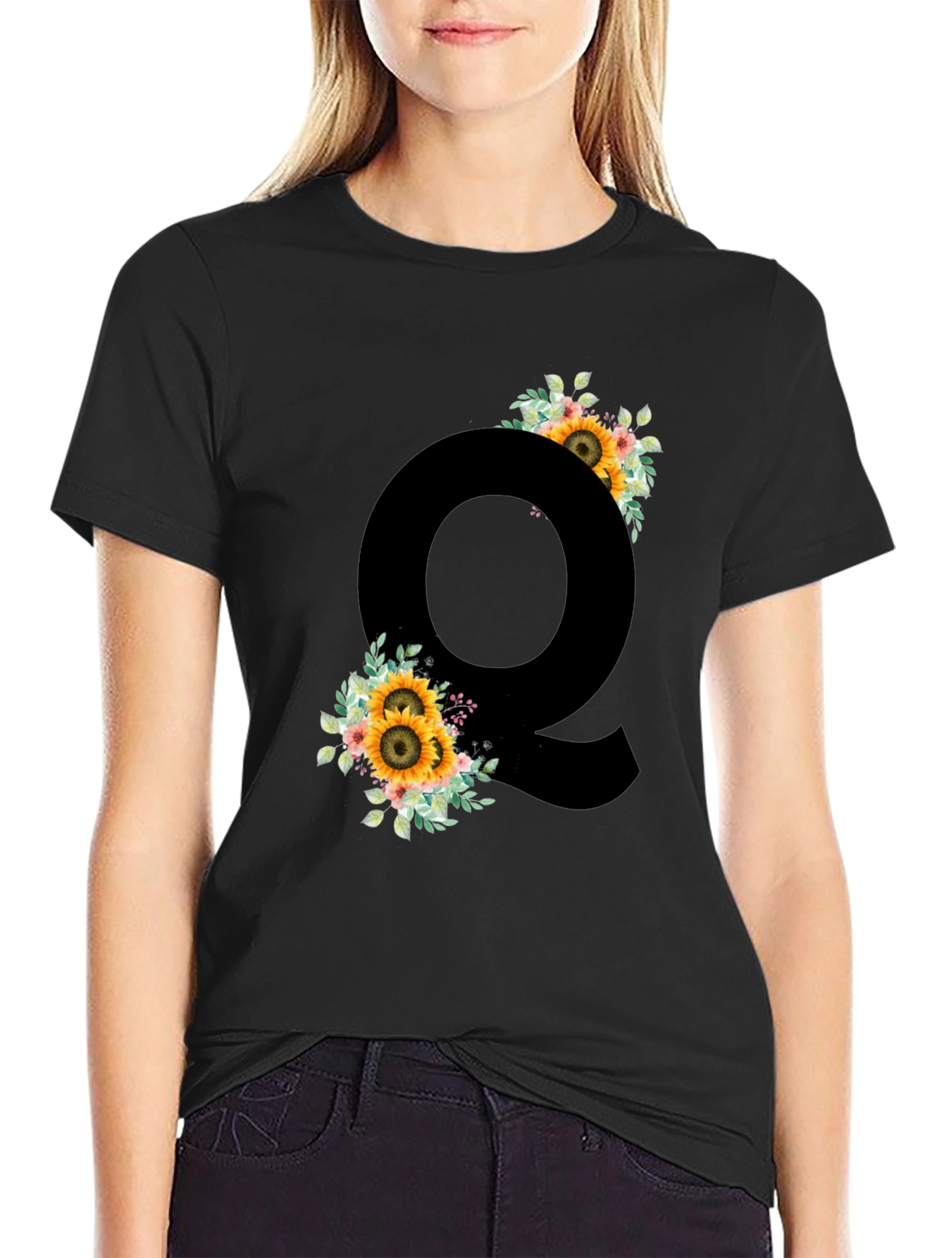 Sunflower Letter Q Black T-Shirt