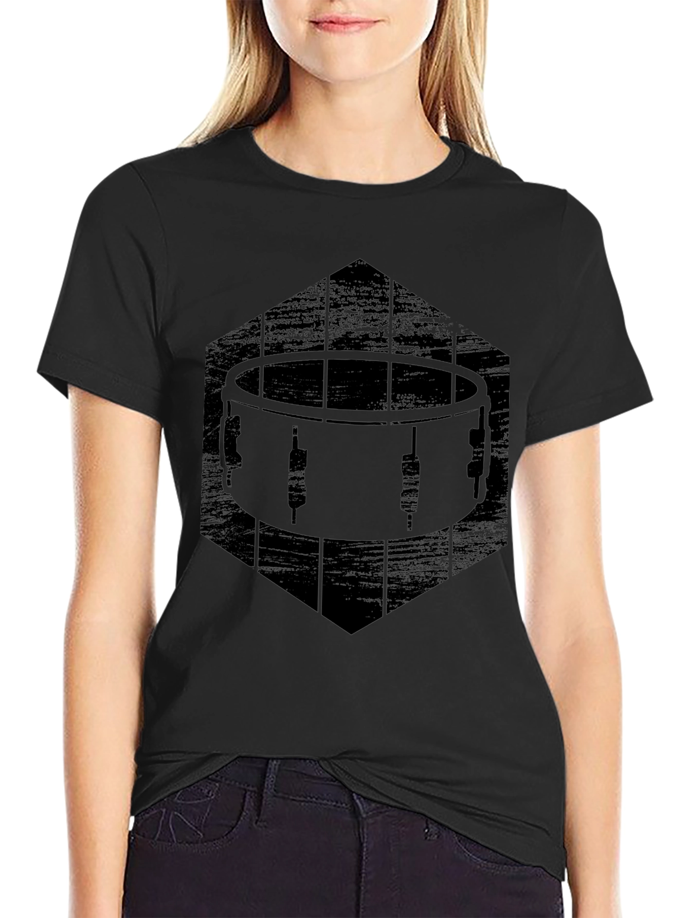 Drum Graphic T-Shirt - Black Crew Neck Tee