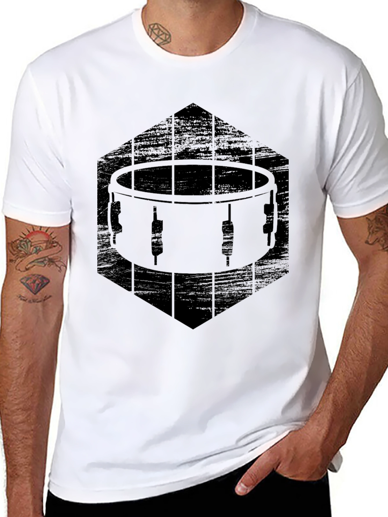 Drum Graphic T-Shirt - Black Crew Neck Tee