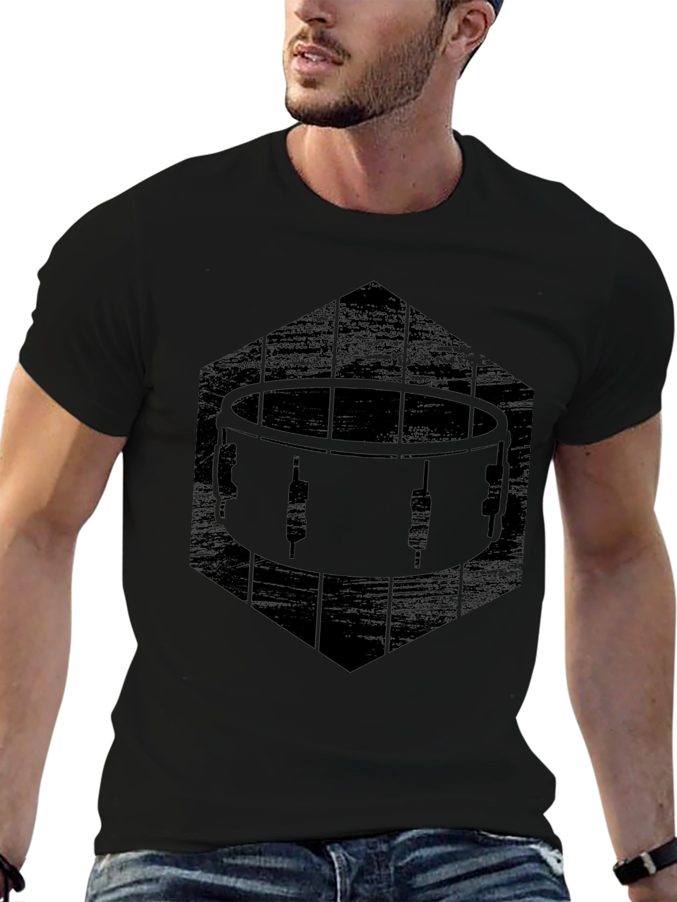 Drum Graphic T-Shirt - Black Crew Neck Tee