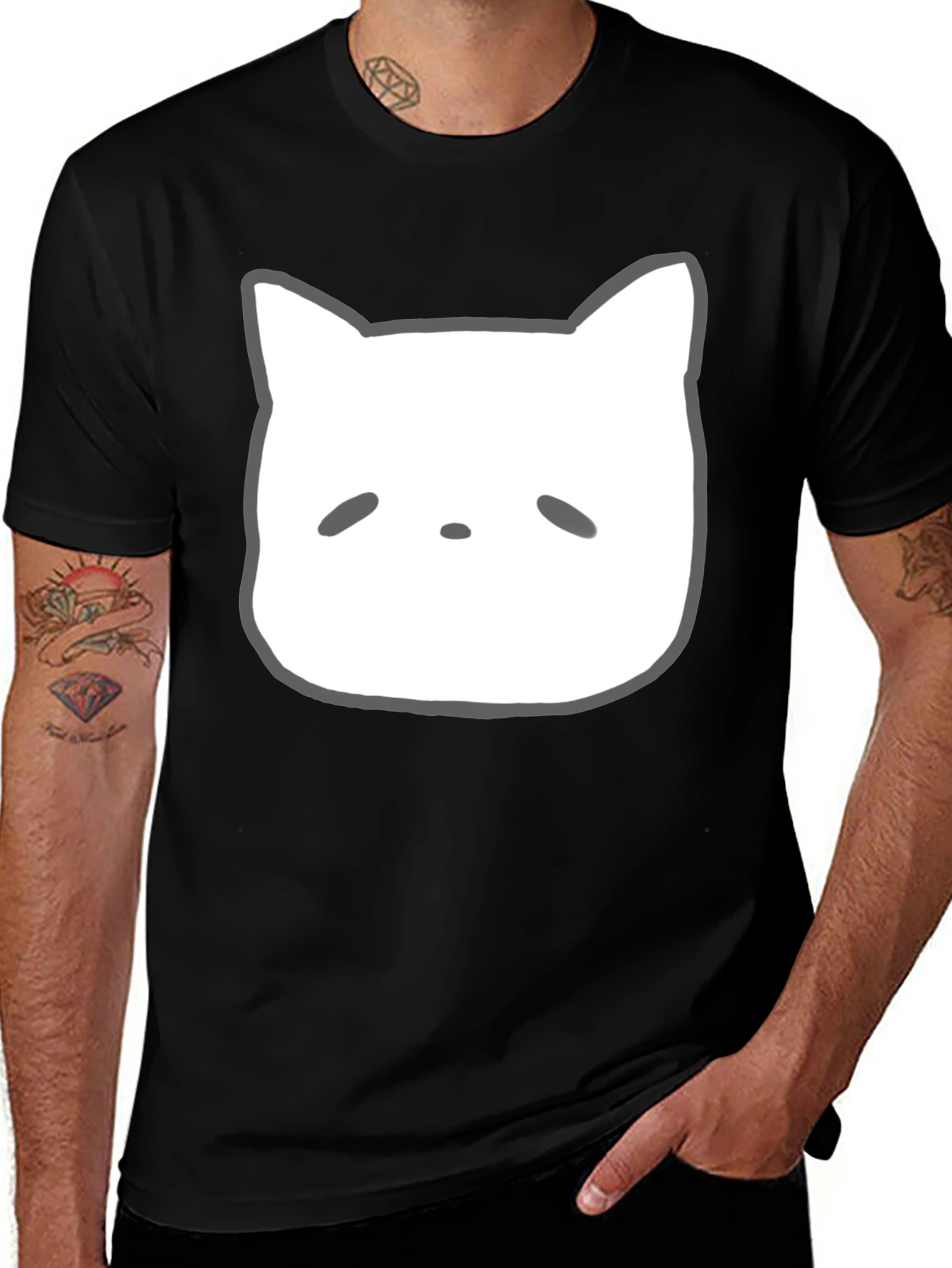 Cute Cartoon Cat Face Black T-Shirt