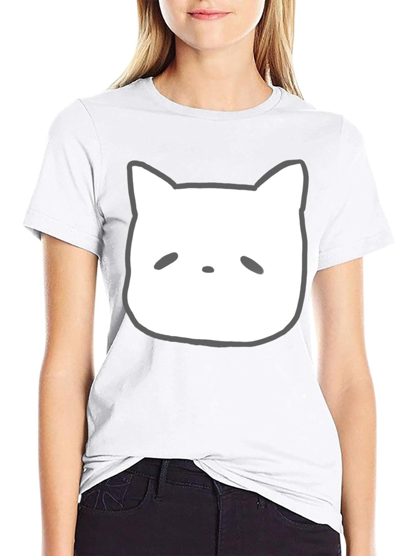 Cute Cartoon Cat Face Black T-Shirt