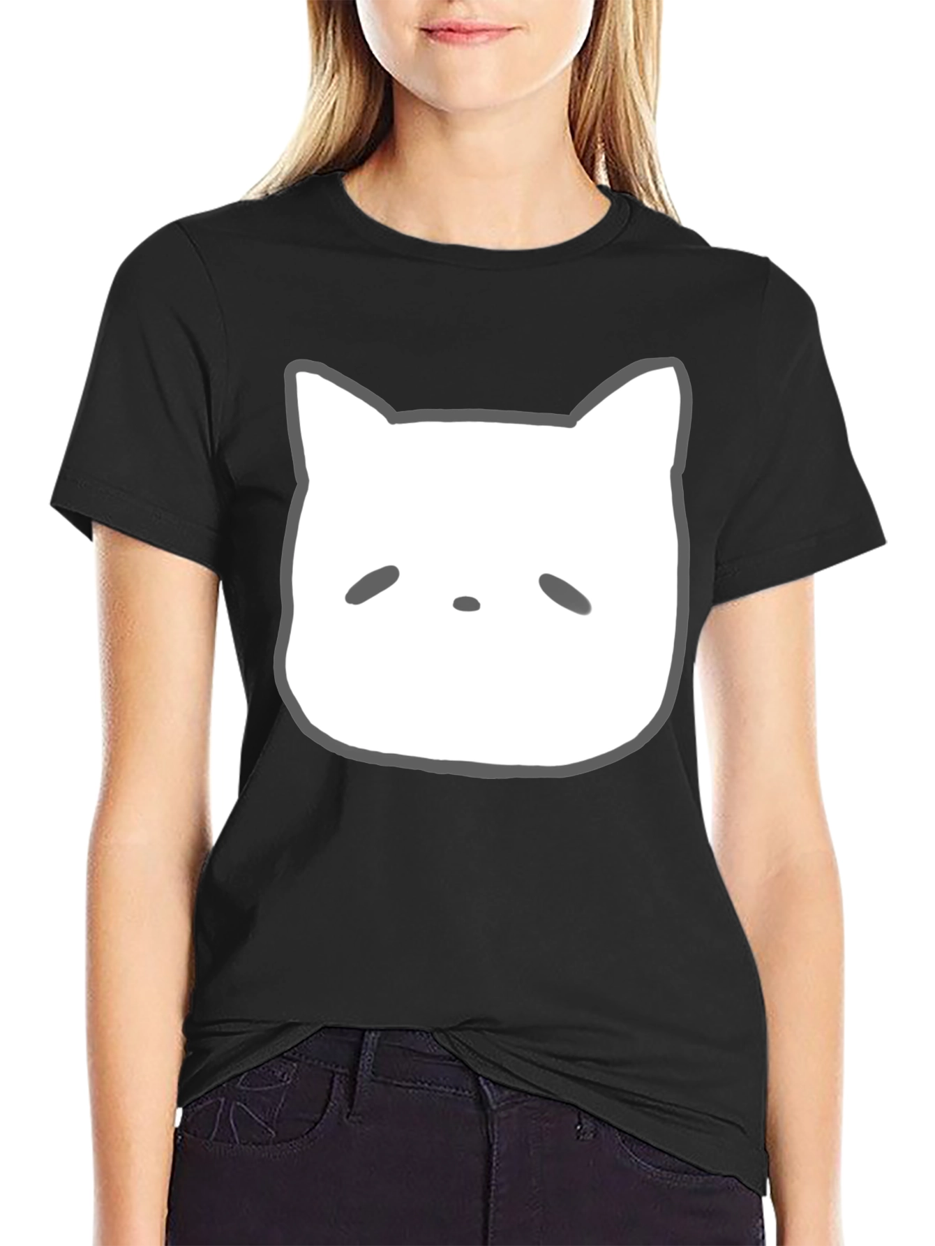 Cute Cartoon Cat Face Black T-Shirt