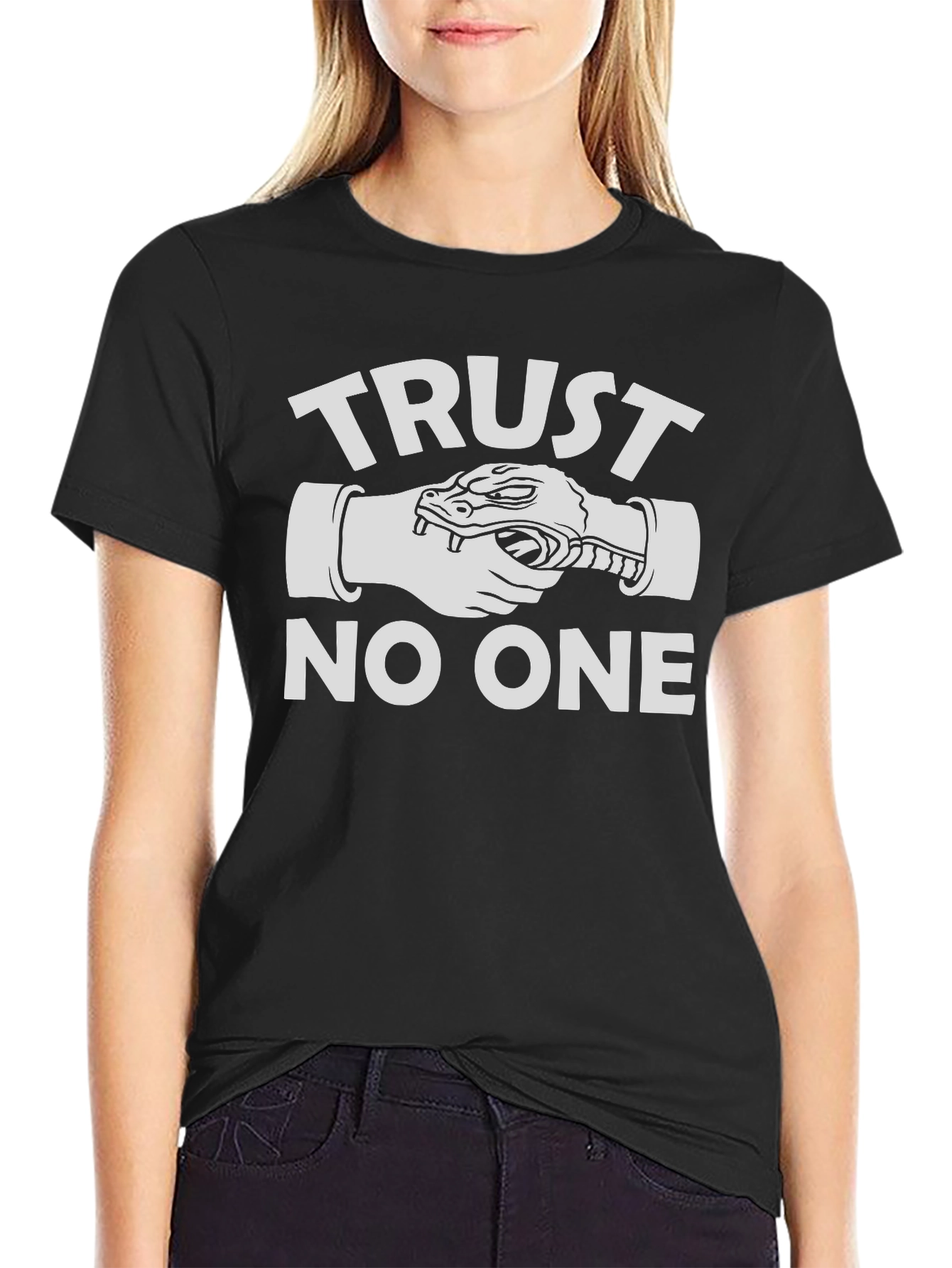 Trust No One Snake Handshake Black Graphic Tee
