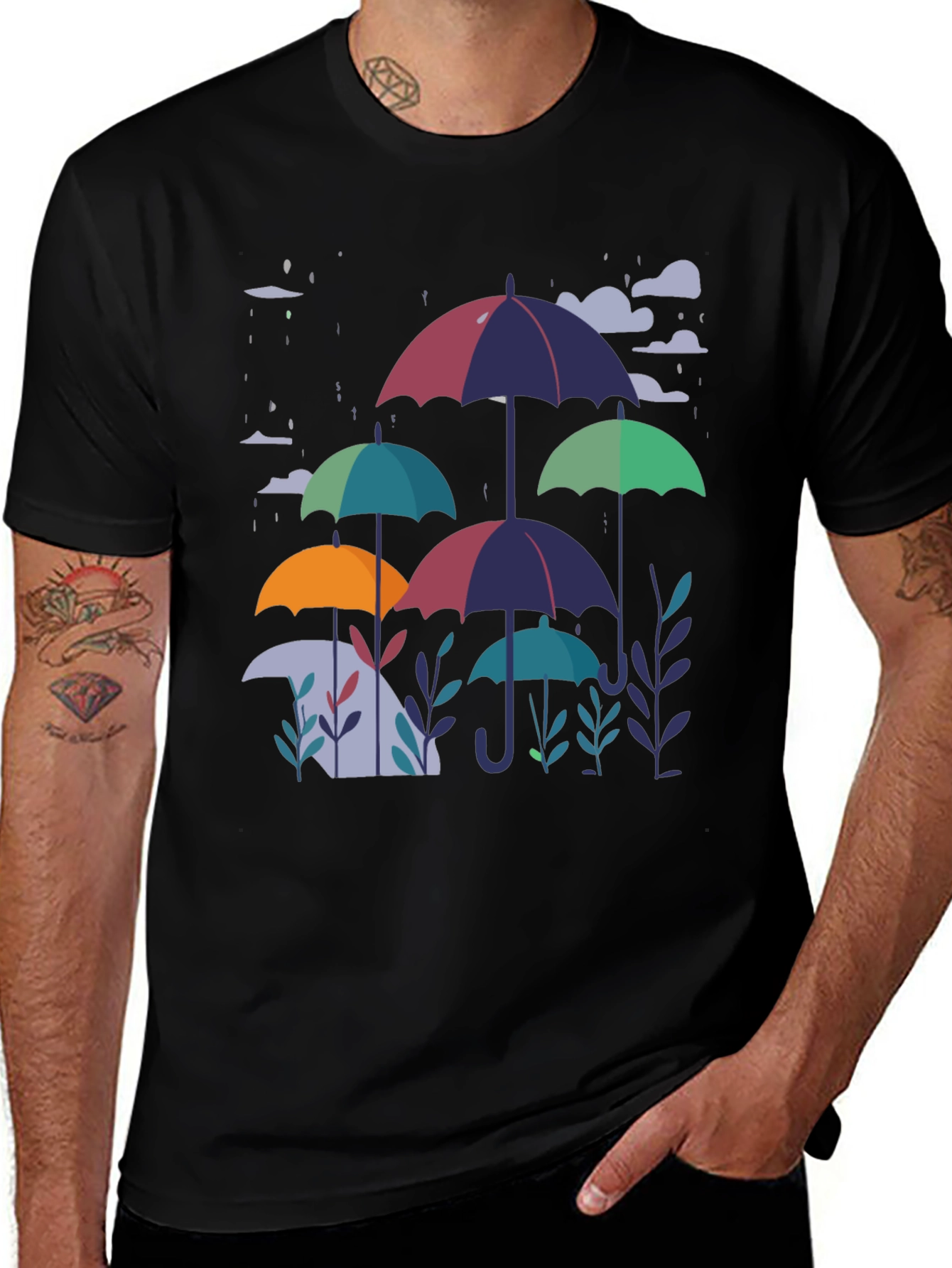Stylish Umbrella Print Black T-Shirt