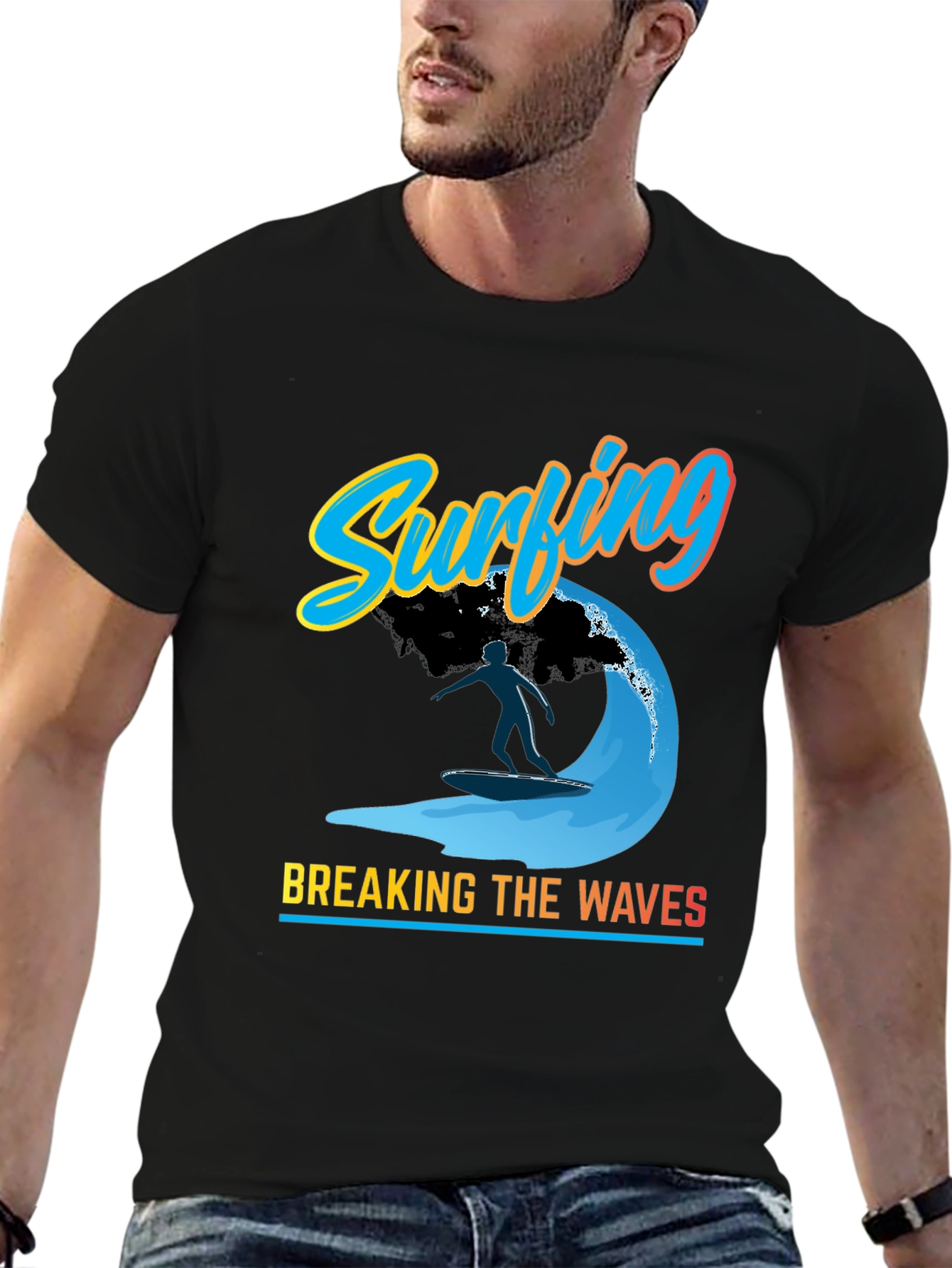 Surfing Breaking Waves Black T-Shirt