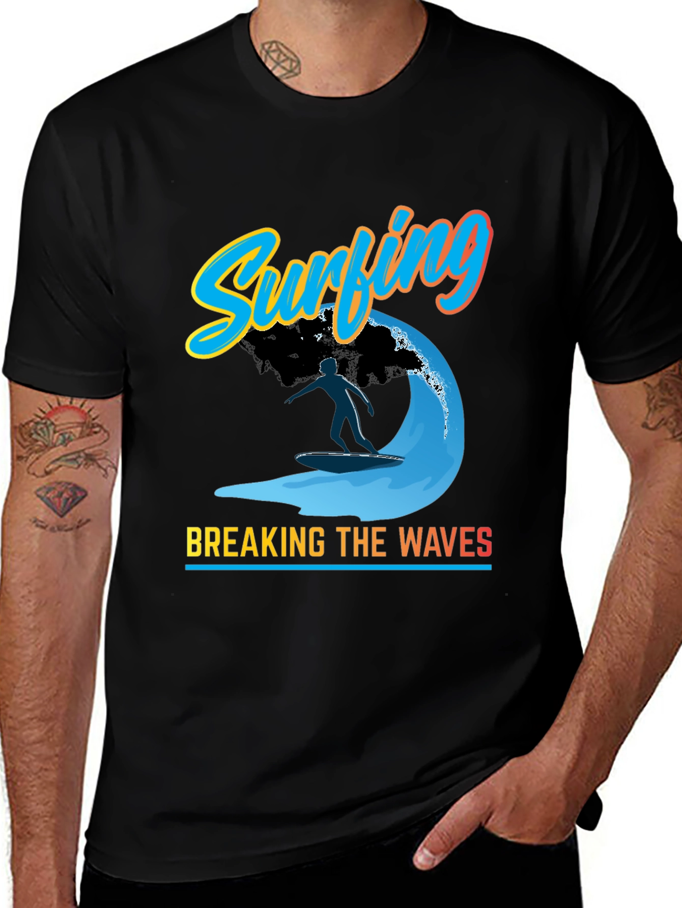 Surfing Breaking Waves Black T-Shirt