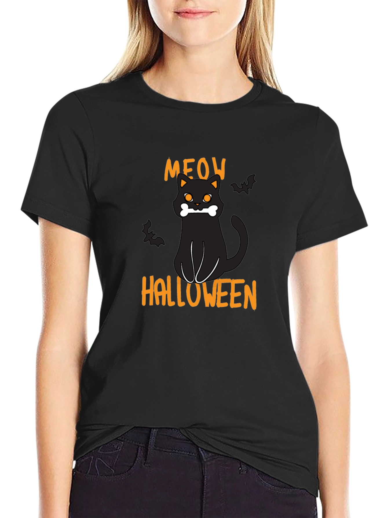 Halloween Meow Black Cat Graphic T-Shirt