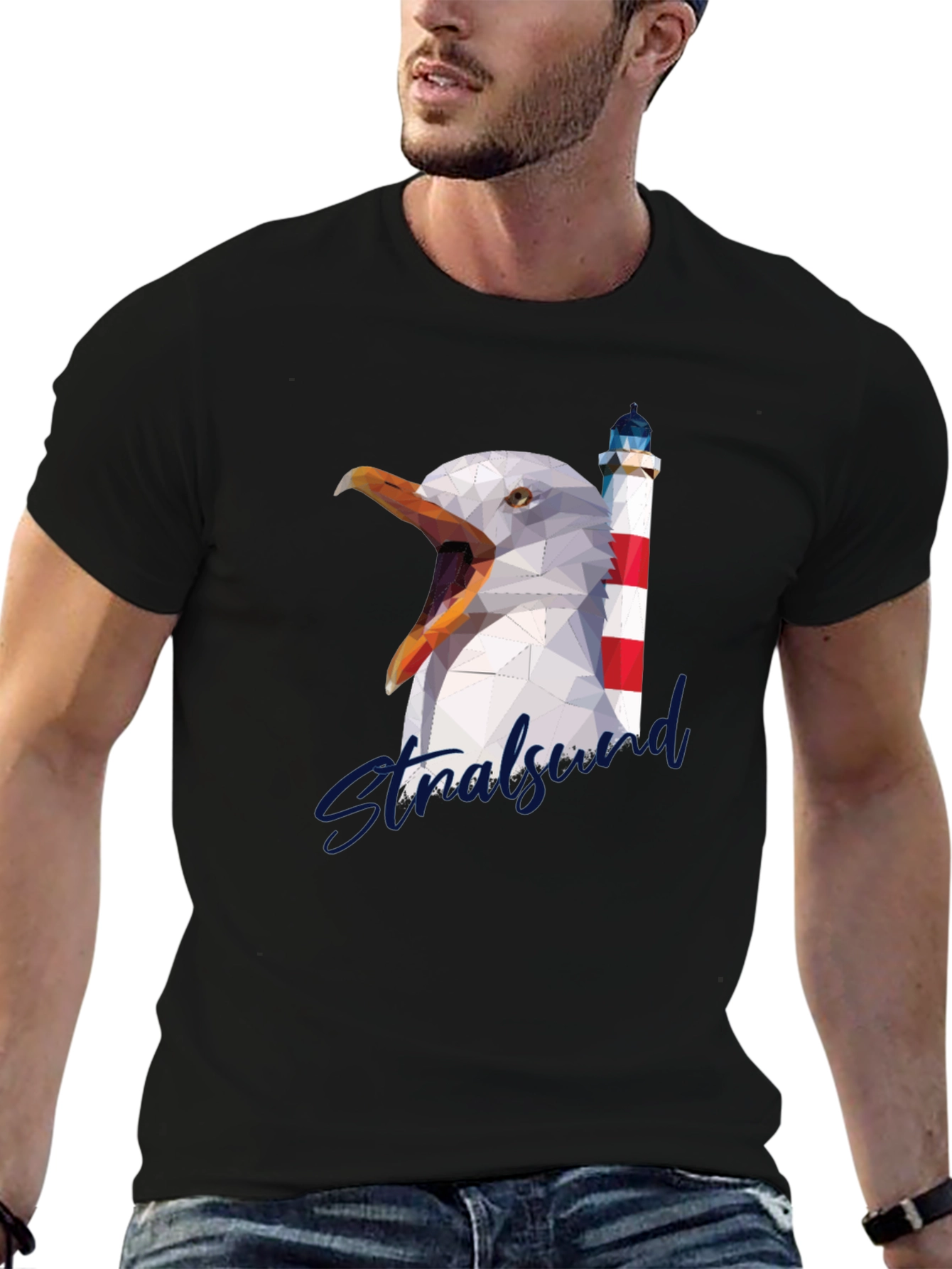 Stralsund Graphic Tee: Seagull & Lighthouse Design