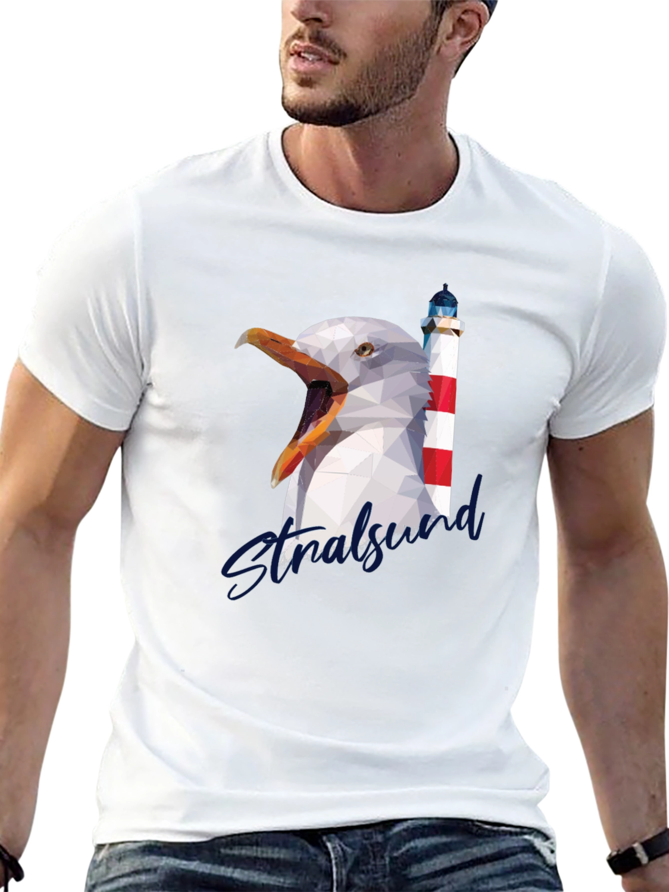 Stralsund Graphic Tee: Seagull & Lighthouse Design
