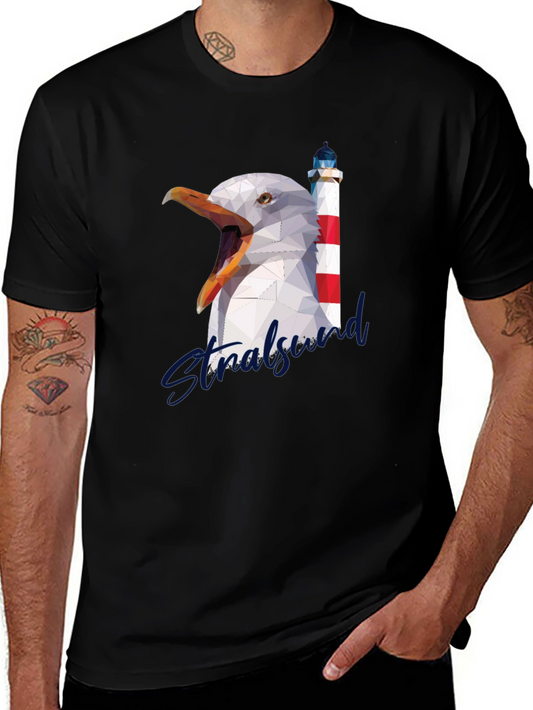 Stralsund Graphic Tee: Seagull & Lighthouse Design