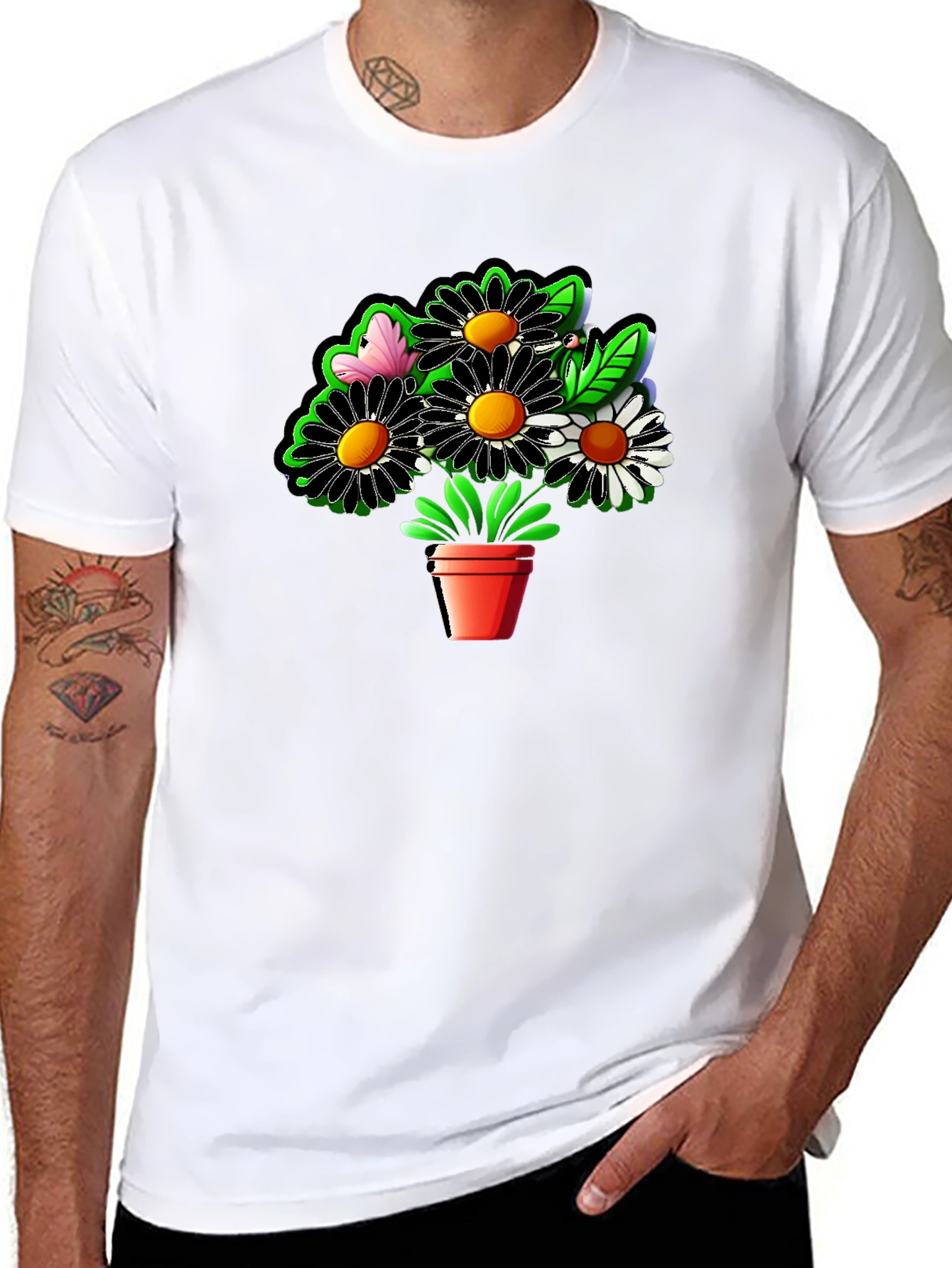 Daisy Flower Pot Graphic Black T-Shirt